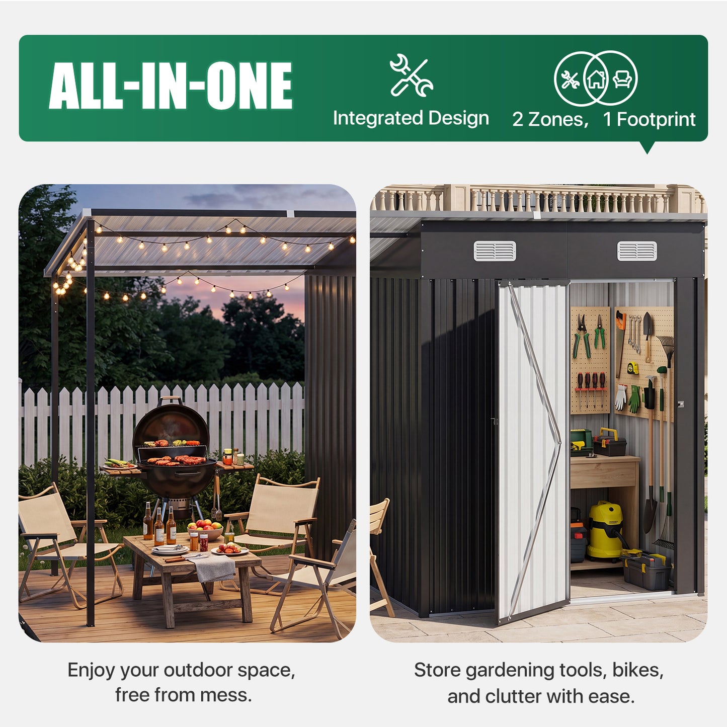 Clouddwell Metal Storage Shed with Hardtop Pergola 10x3 ft 2-in-1, 5x3 ft Outdoor Tool Shed with 5x3 ft Attached Pergola for Backyard