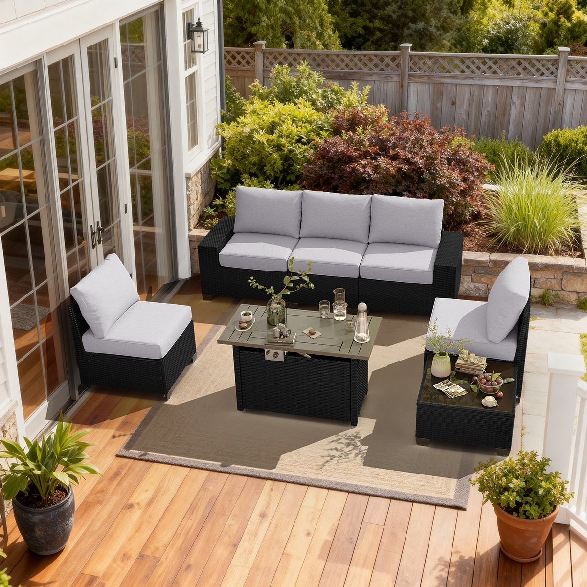 LazySunsets 7 Pieces Outdoor Wicker Patio Furniture Set with Fire Pit Table, Gray Cushion Rattan Sectional Conversation Sofa, All Weather Backyard Porch Patio Set