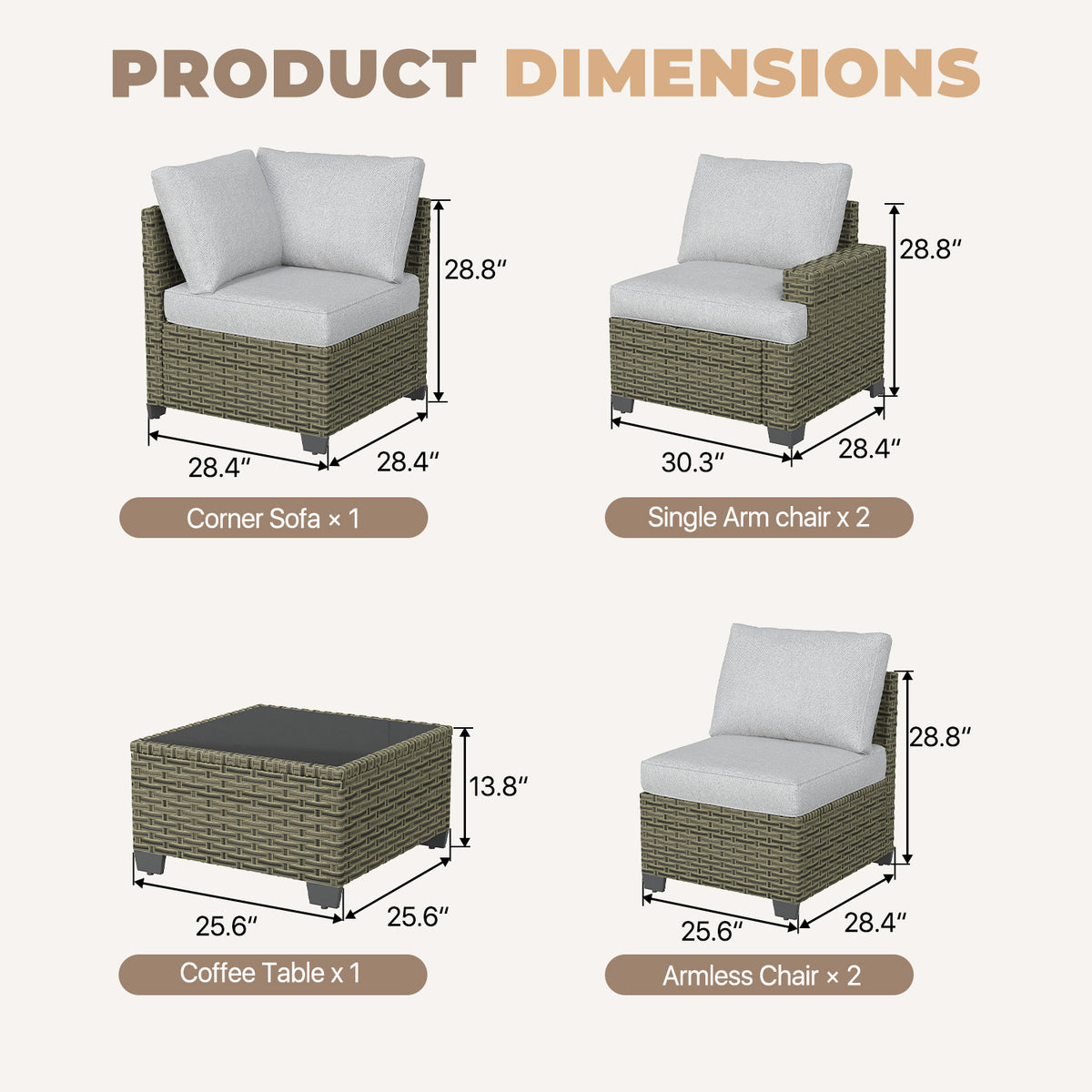 Clouddwell 6 Pieces Outdoor Patio Furniture Set, Rattan Wicker Sectional Chairs Sets with Table, Light Gray