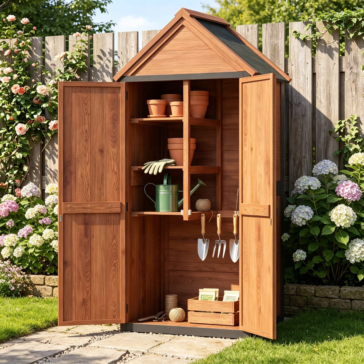 Sumnthink Wooden Garden Shed, Outdoor Storage Shed with Asphalt Roof, 3 Half Shelves, Solid Wood & Metal Frame for Garden Tools, Pool Supplies & Patio Storage