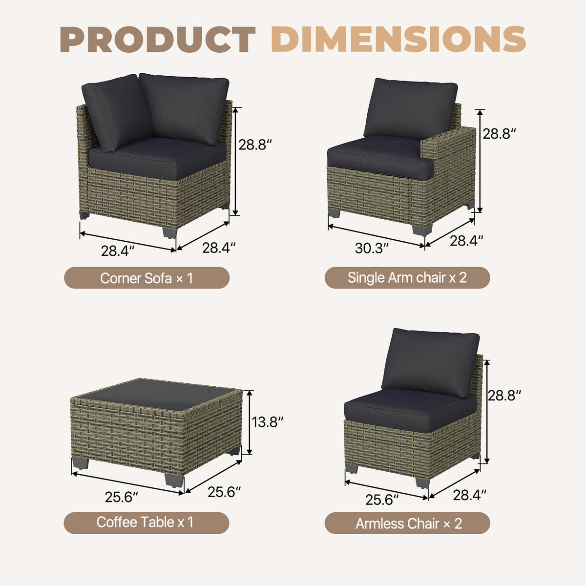Clouddwell 6 Pieces Outdoor Patio Furniture Set, Rattan Wicker Sectional Chairs Sets with Table, Black
