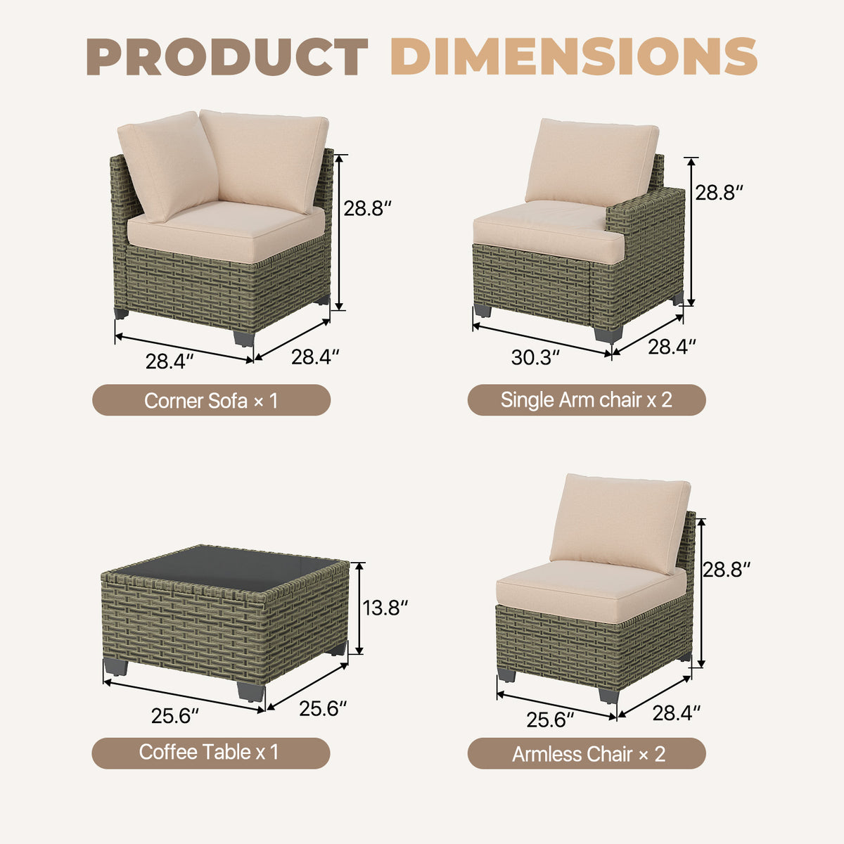 Clouddwell 6 Pieces Outdoor Patio Furniture Set, Rattan Wicker Sectional Chairs Sets with Table, Light Gray