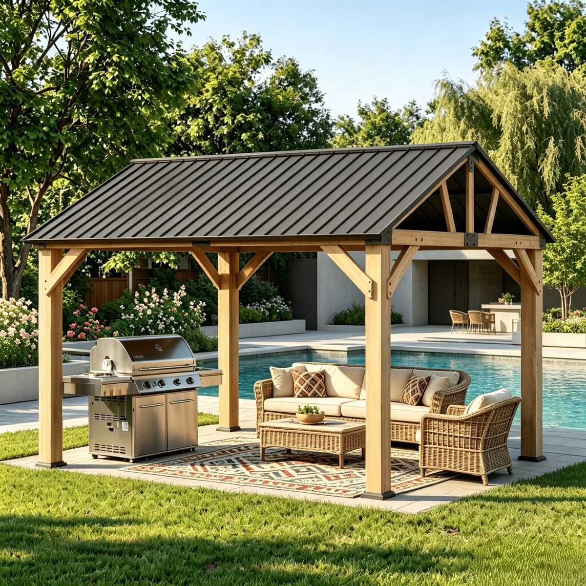 Sunmthink 10' x 12' Outdoor Wood Gazebo, Hardtop Gazebo Permanent Wooden Pavilion with Galvanized Steel Gable Roof, for Patio, Garden, Deck, Cedar Wood