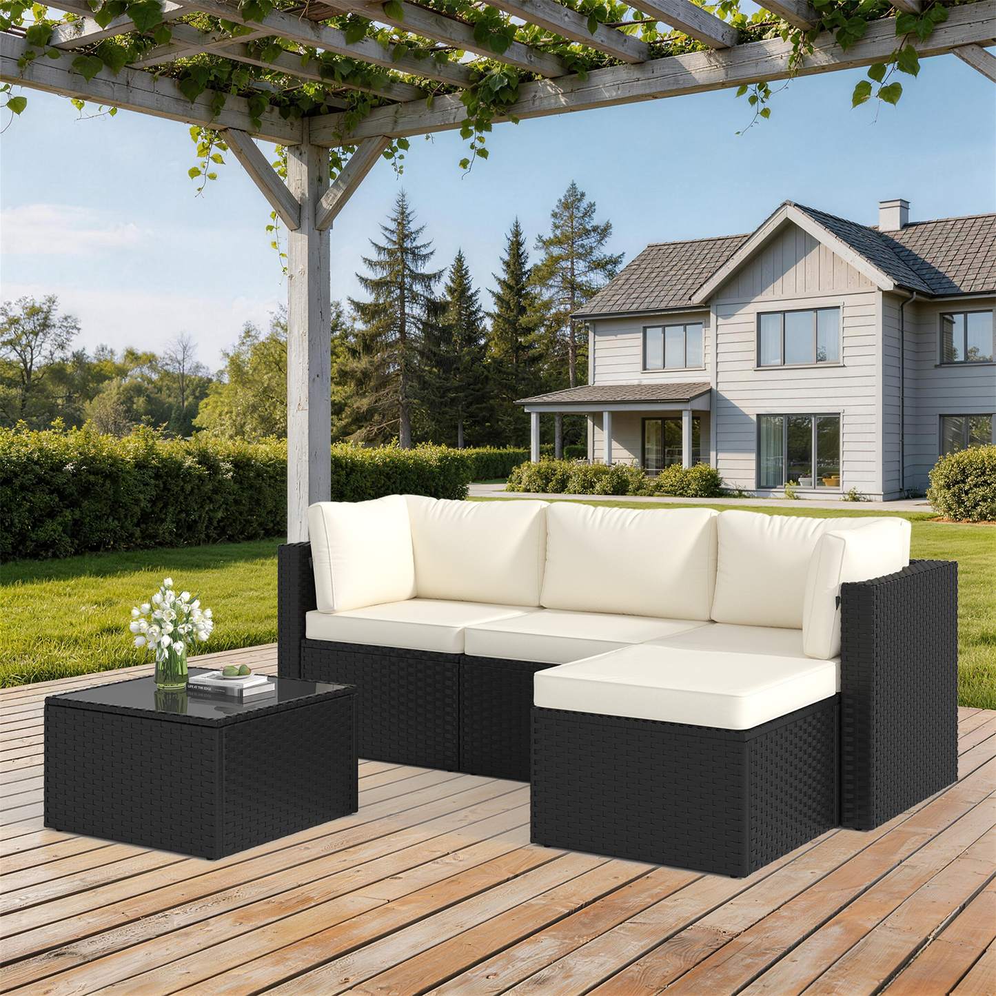 Clouddwell 3 Pieces Patio Furniture Set, All-Weather Wicker Rattan Patio Sectional Sofa Set with Coffee Table and Waterproof Cover(Off-White)