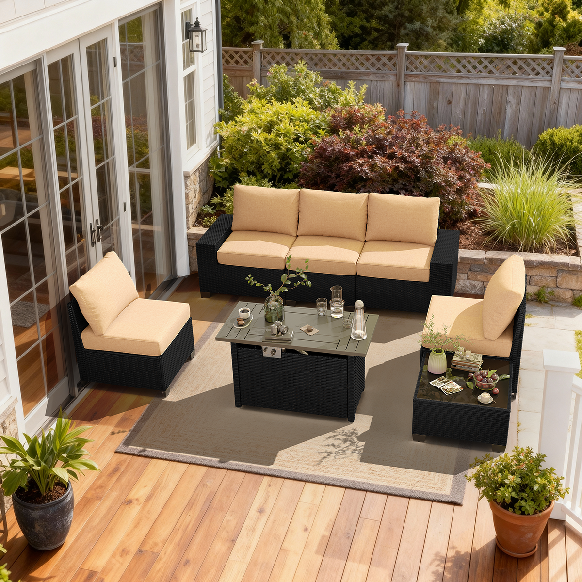 LazySunsets 7 Pieces Outdoor Wicker Patio Furniture Set with Fire Pit Table, Beige Cushion Rattan Sectional Conversation Sofa, All Weather Garden Backyard Patio Set