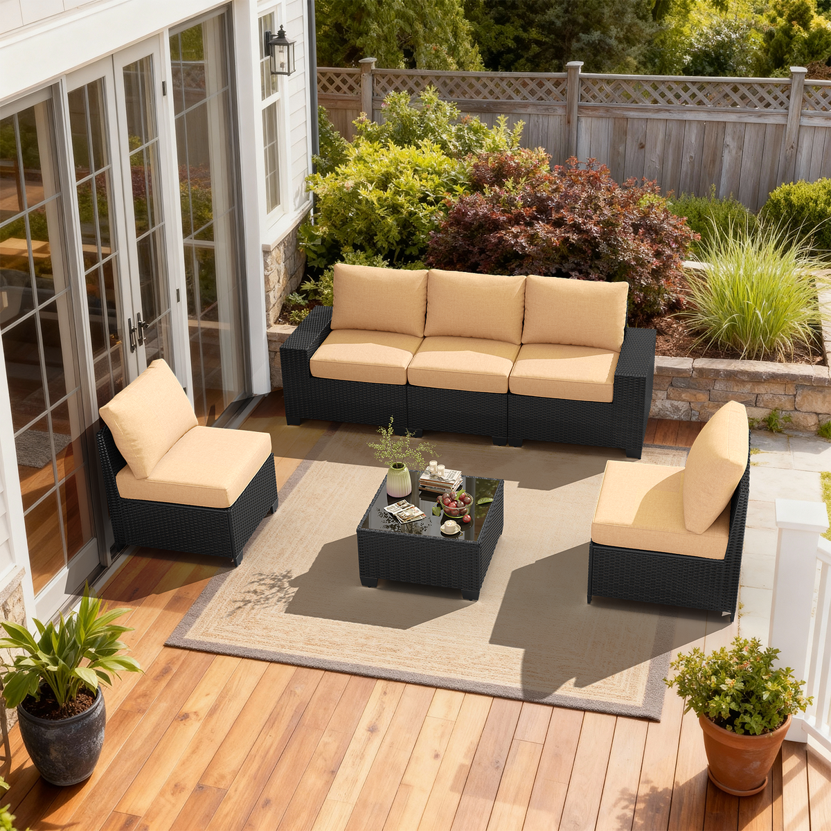 LazySunsets 6 Pieces Outdoor Wicker Patio Furniture Set, Beige Cushion Rattan Sectional Conversation Sofa with Coffee Table, All Weather Garden Backyard Patio Set