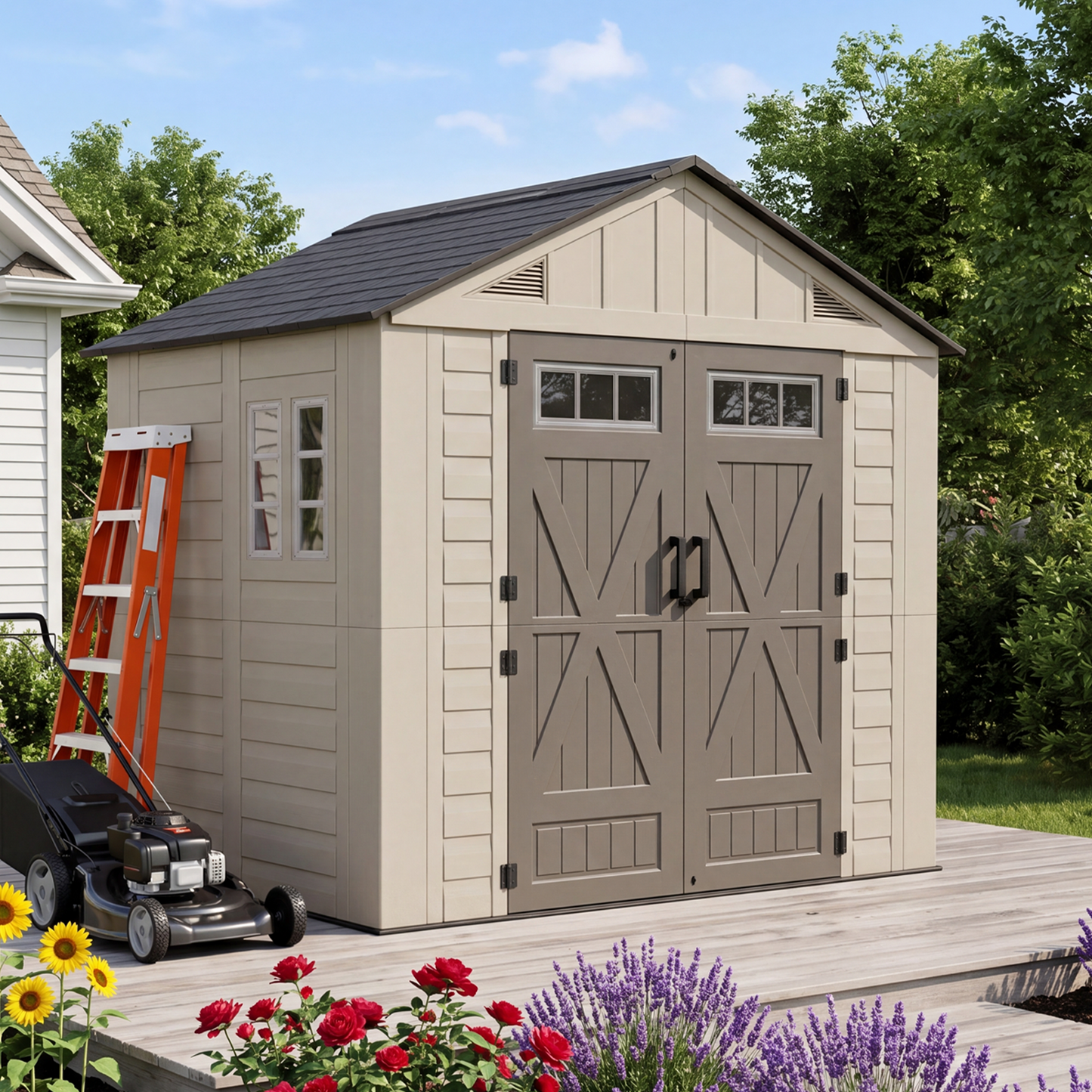Clouddwell 8x6 FT Outdoor Storage Shed with Floor, HDPE Resin Garden Storage House with Double Doors, Windows & Ventilation, Heavy Duty Backyard Tool Shed for Lawn Equipment and Garden Supplies