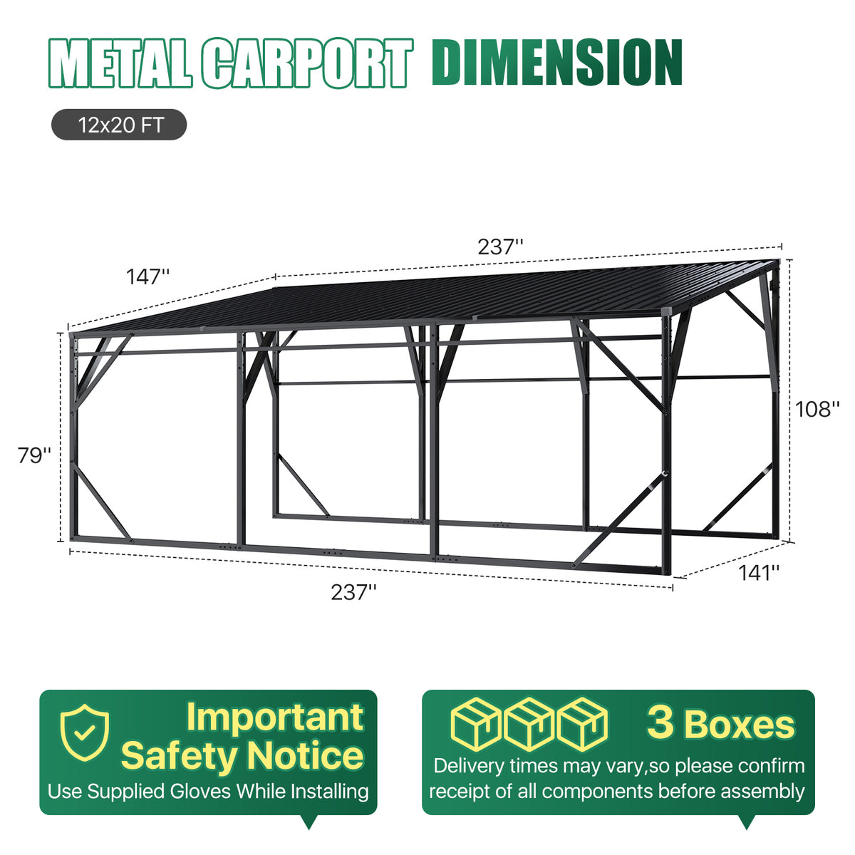 Dateyes 12x20 FT Lean-to Metal Carport, Wall-Mounted Metal Vehicle Shelter, Heavy Duty Carport with Reinforced Frame & Galvanized Roof, Black