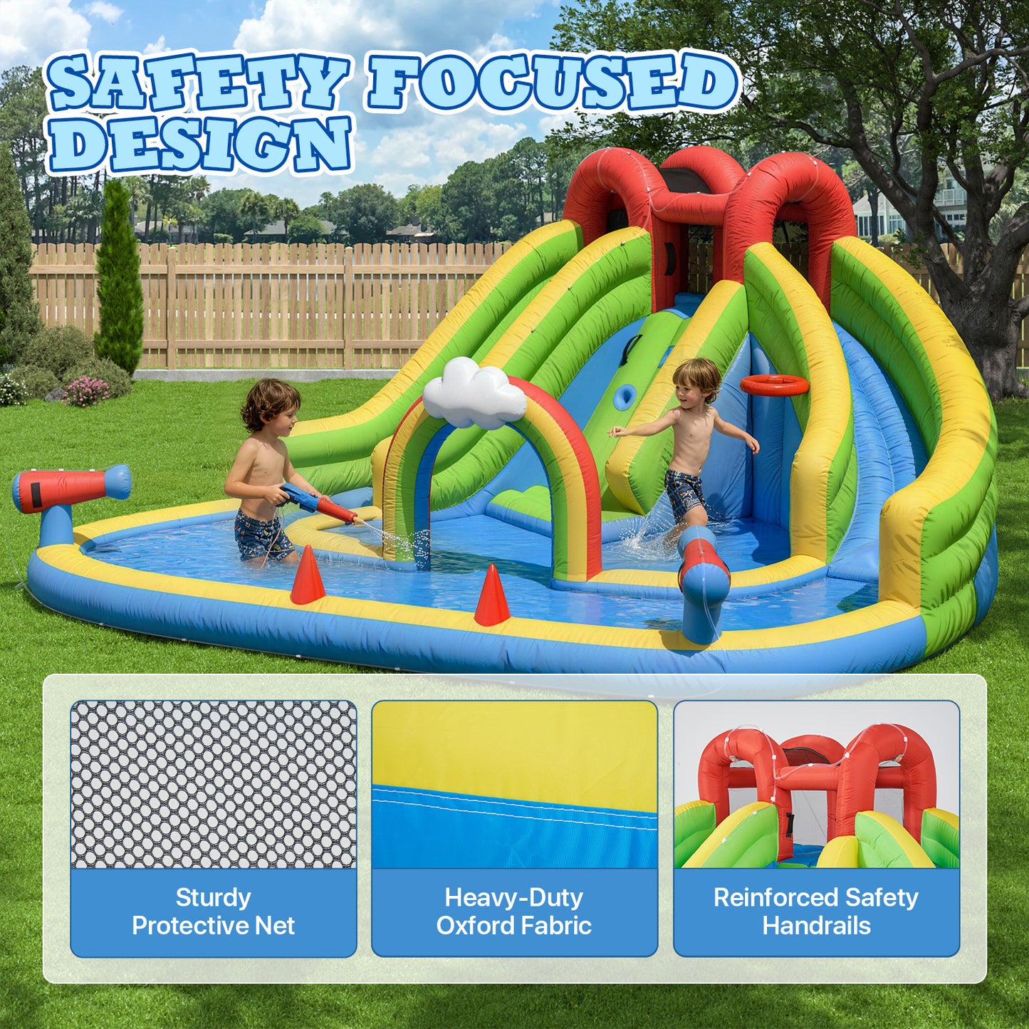 Clouddwell Inflatable Water Slide for Kids with 450W Blower, 6 in 1 Water Park Bounce House for Outdoor Summer Fun, Double Slide, 13x15FT