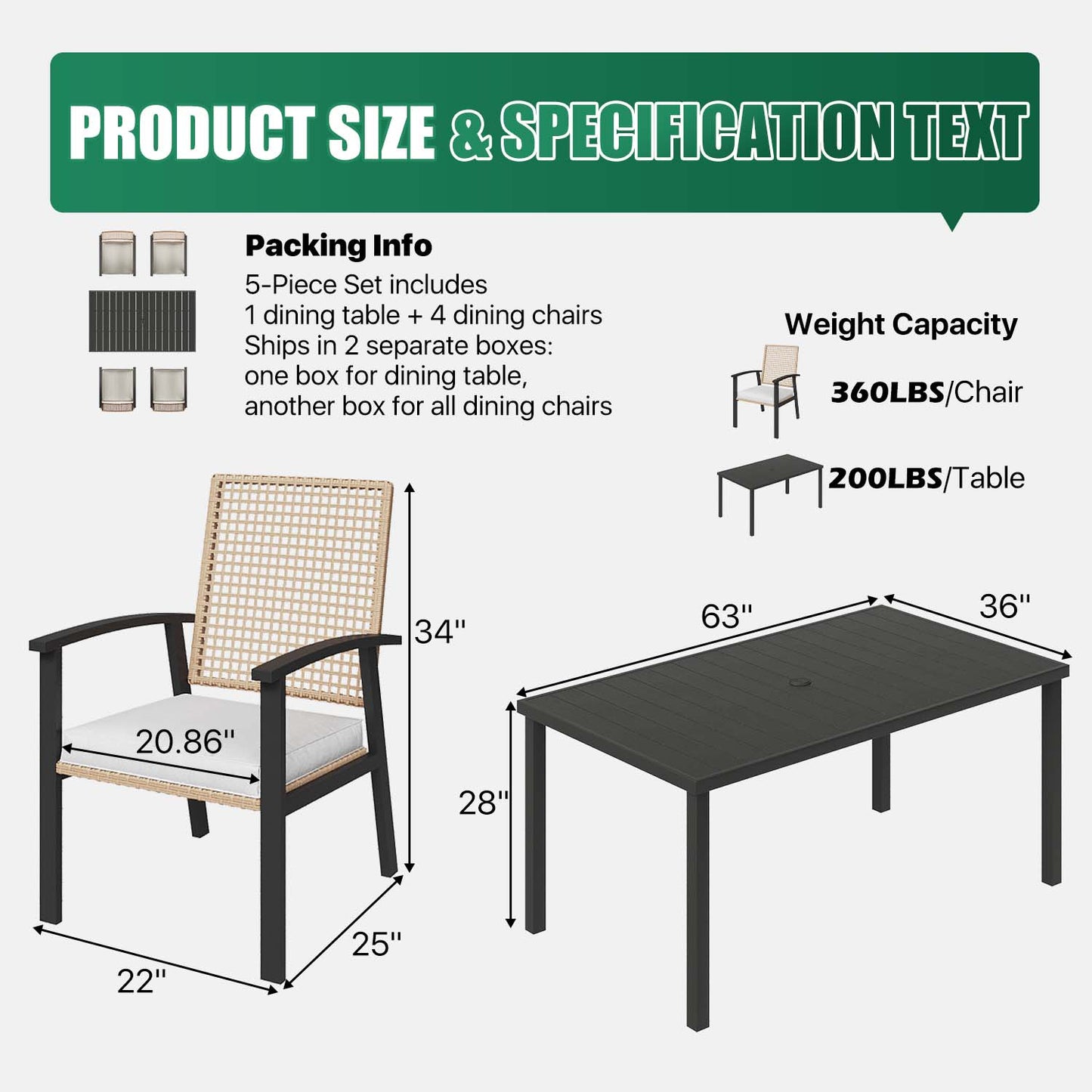 Clouddwell 5-Piece Outdoor Patio Dining Set, Wicker Chairs & Metal Table with Umbrella Hole, Patio Furniture Set for 4, with Soft Cushions for Backyard Garden