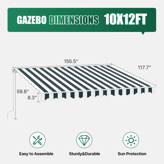 Sunmthink 12x10 FT Manual Retractable Awning, Waterproof Patio Sun Shade Canopy with Crank Handle, PA Coated Polyester for Backyard, Deck & Window, Green