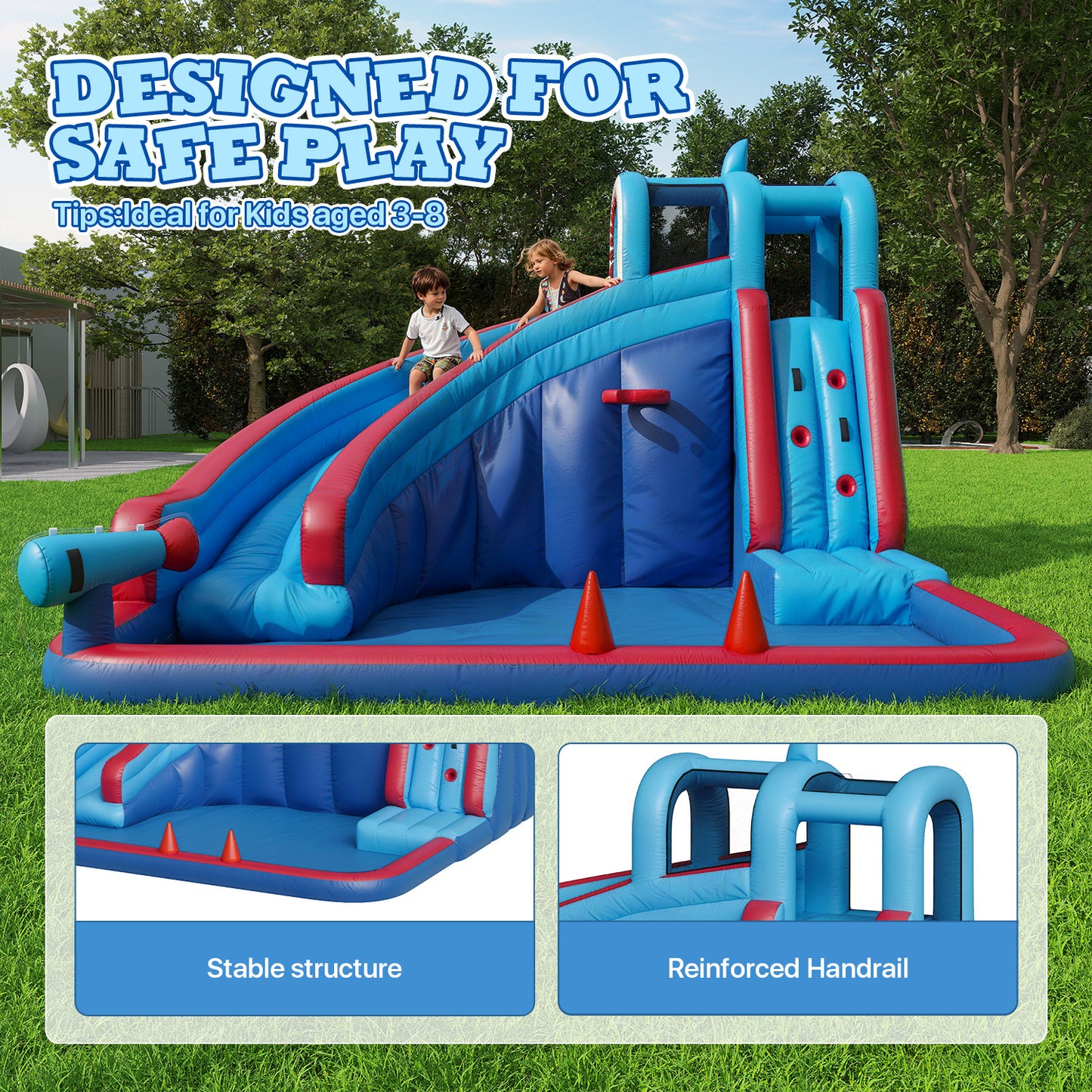 Clouddwell Inflatable Water Slide for Kids with 450W Blower, 5 in 1 Water Park Bounce House for Outdoor Summer Fun, Shark Theme, 10x12FT