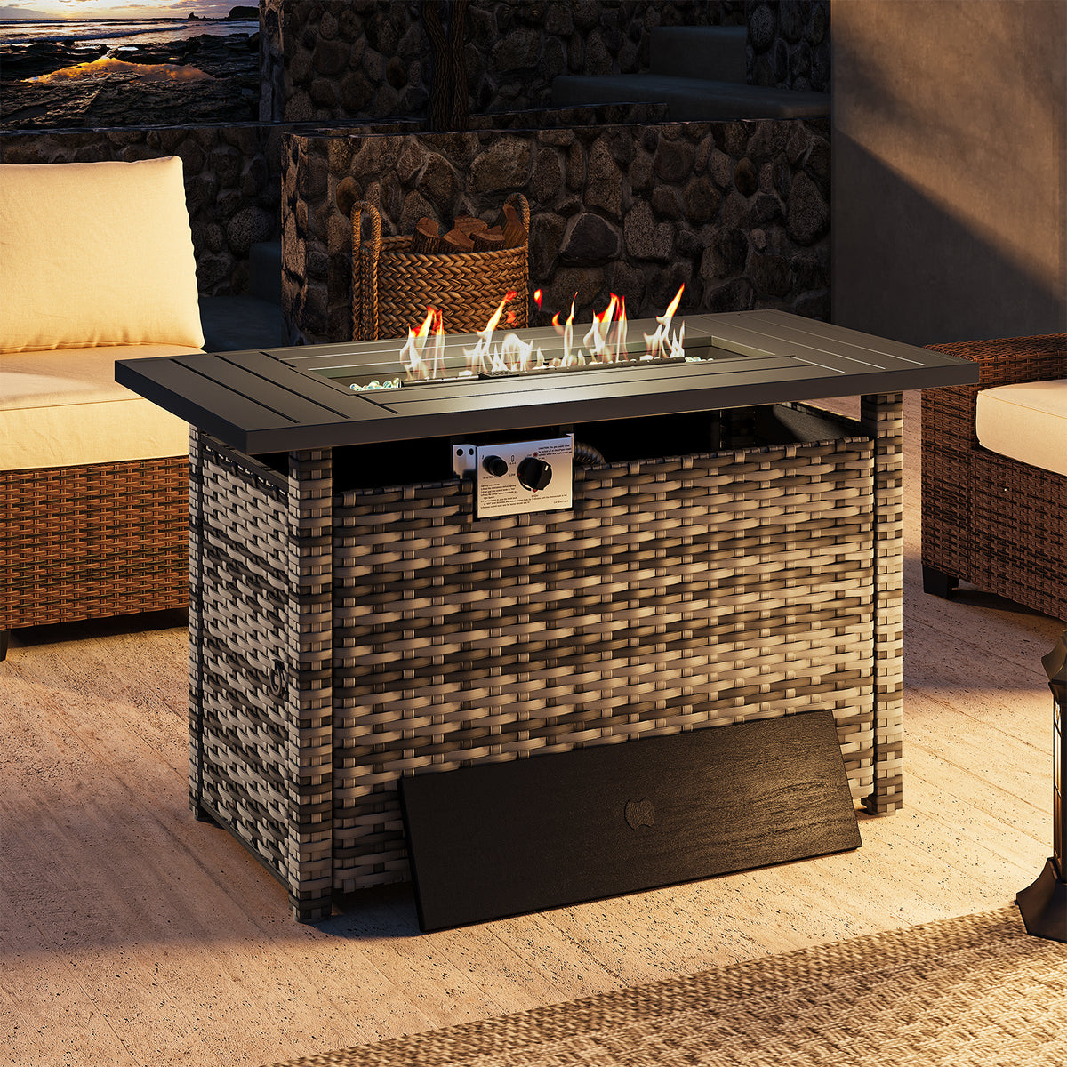 LazySunsets 44 Inch Gray Wicker Propane Fire Pit Table, Rectangular 50,000 BTU Outdoor Gas Fire Table with Tank Storage Lid for Patio Backyard Deck