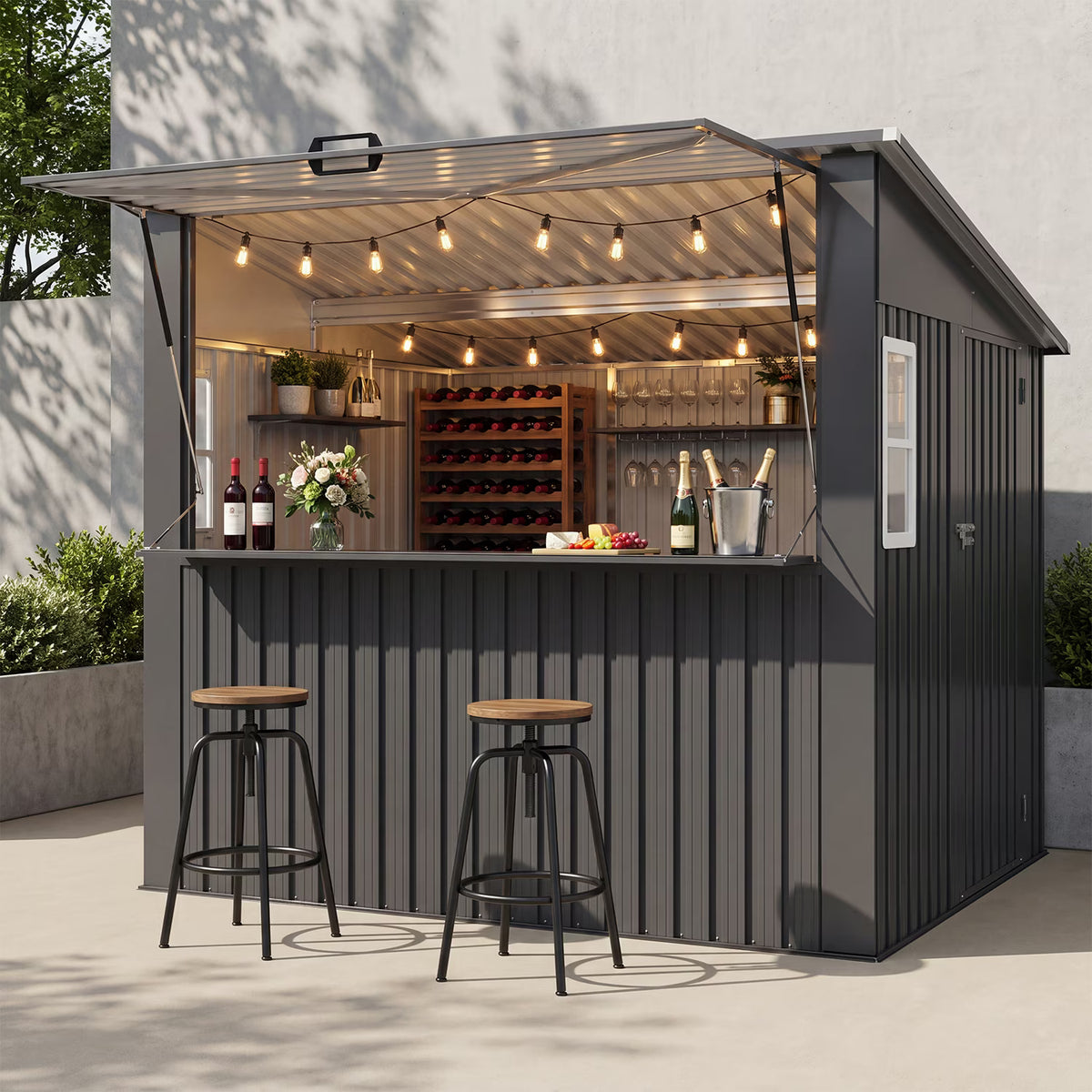 Dateyes 8x7 FT Outdoor Bar Shed with TV Mount & Fold-Down Counter, Metal Outdoor Storage Shed with 2 Windows , Roof Canopy for Patio, Backyard