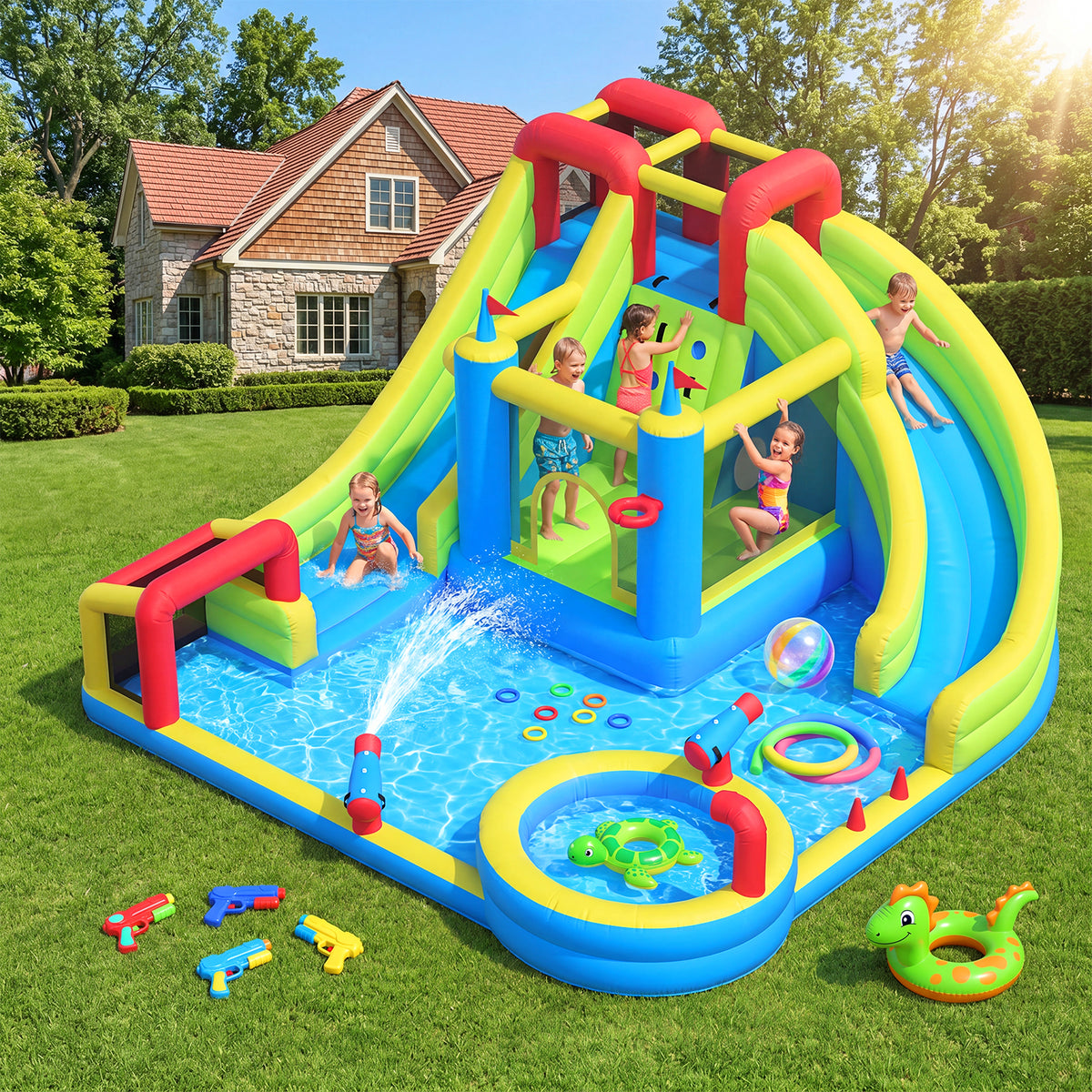 Dateyes 14x17FT Inflatable Water Slide for Kids, Inflatable Bounce Castle with 450W Blower, 8 in 1 Water Park Bounce House for Outdoor Indoor Outdoor Family Backyard Play, Large Water Park