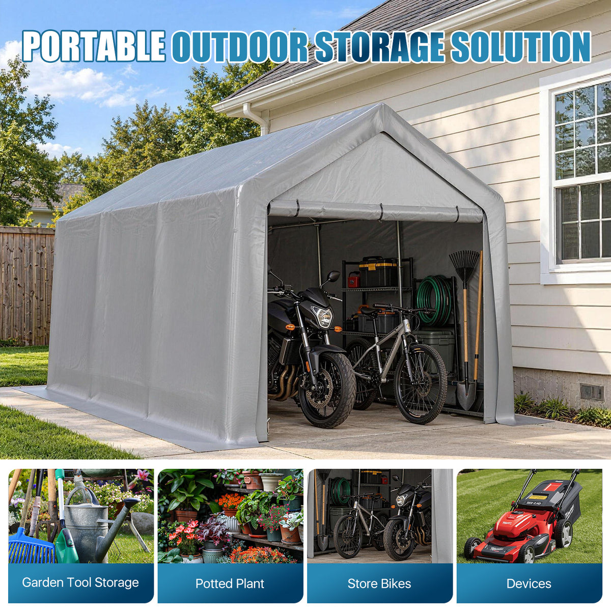Sunmthink 8x14 FT Outdoor Carport Shed, Portable Storage Sheds with Roll-Up Door & Window, Motorcycle Shelter with Galvanized Steel Frame & Durable Tarp Cover for Bike, Lawn Equipment