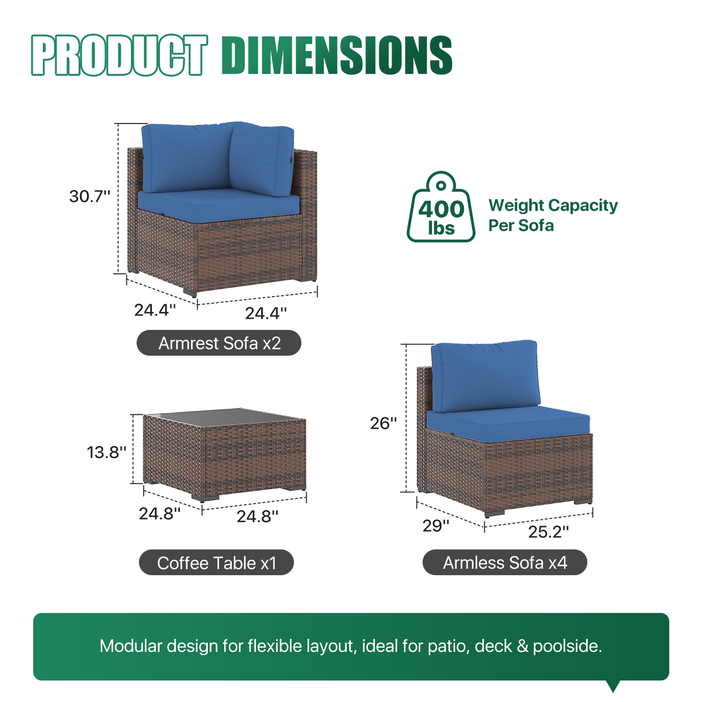 Clouddwell 7 Piece Outdoor Patio Furniture Set, Wicker Rattan Patio Sectional Sofa Set, Blue