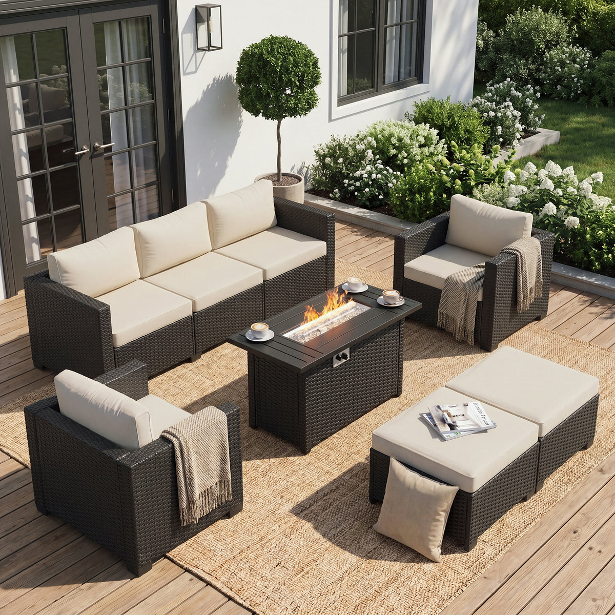 Dateyes 6 Pieces Outdoor Wicker Patio Furniture Set with Propane Fire Pit Table, 5‑Seater Rattan Sectional Sofa Conversation Set with Cushions for Backyard Garden,Beige