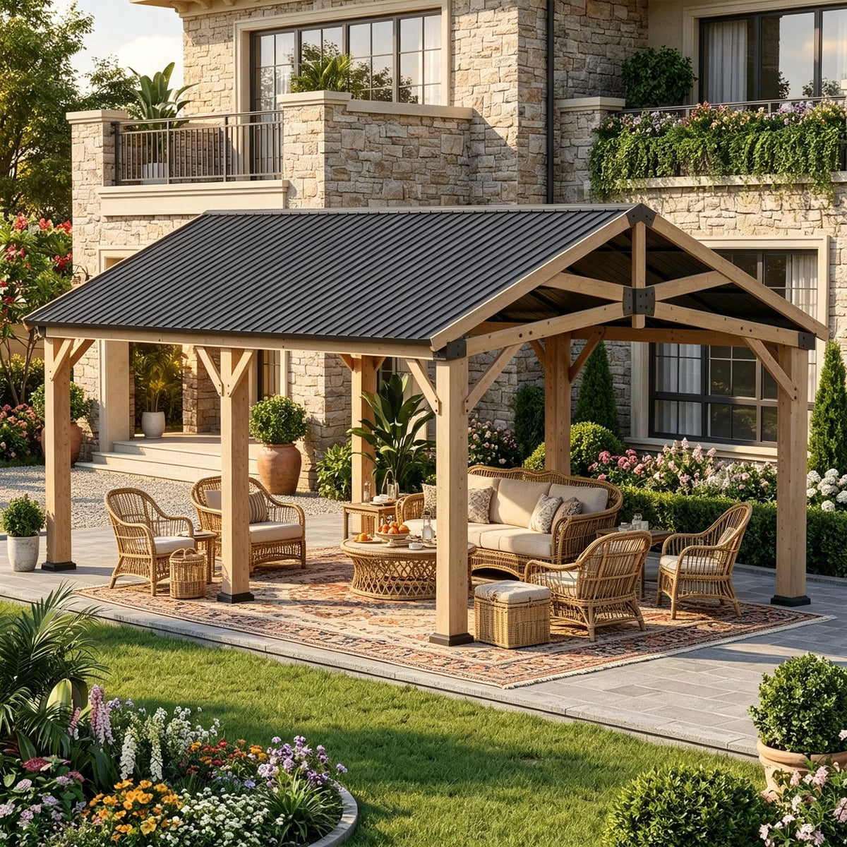 Sunmthink 12' x 20' Cedar Wood Gazebo, Hardtop Gazebo with Galvanized Steel Gable Roof, Permanent Wooden Pavilion for Patio Backyard Lawn Garden
