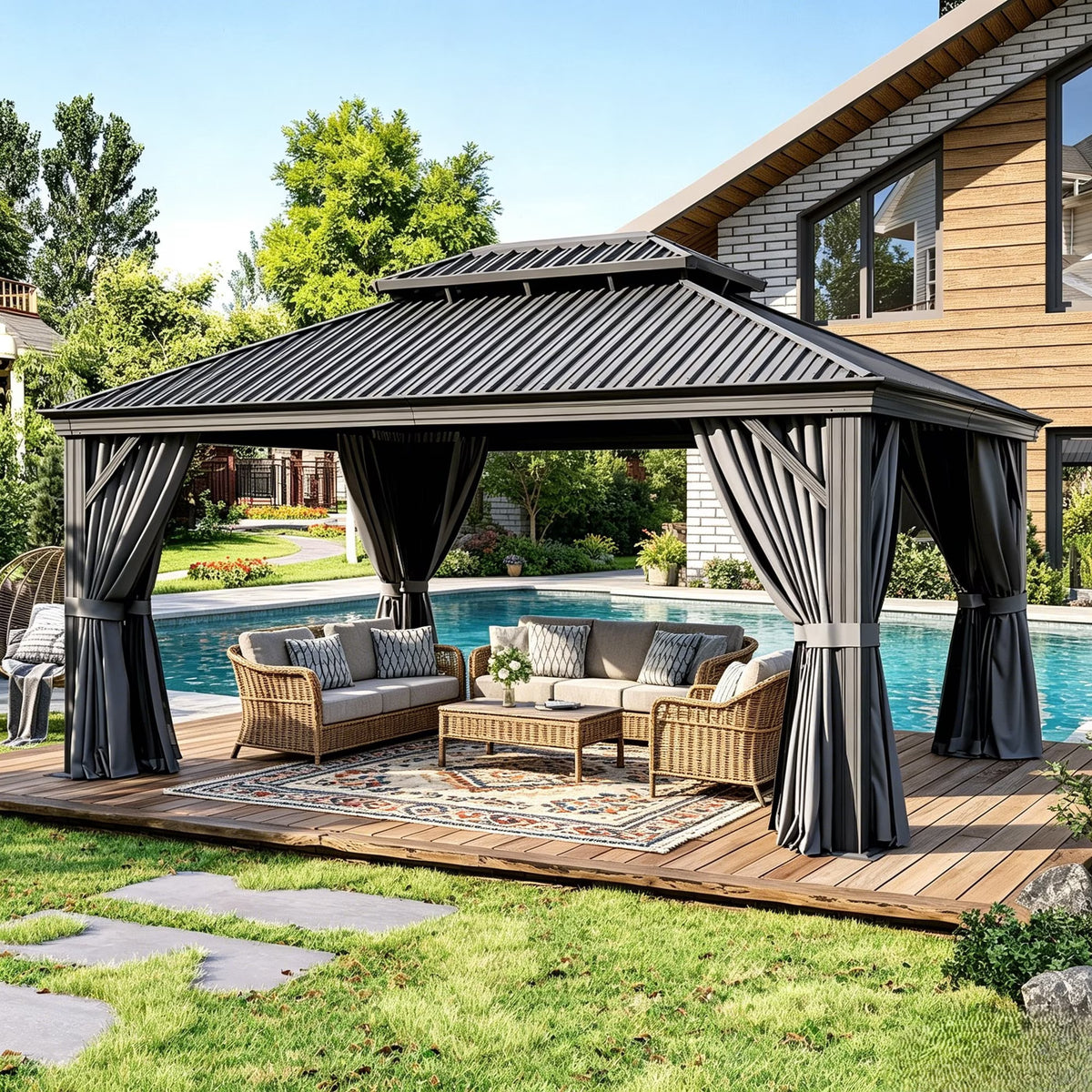 Clouddwell 12' x 16' Aluminum Gazebo with Double Roof, Hardtop Outdoor Gazebo with Galvanized Steel for Garden, Deck, Pool