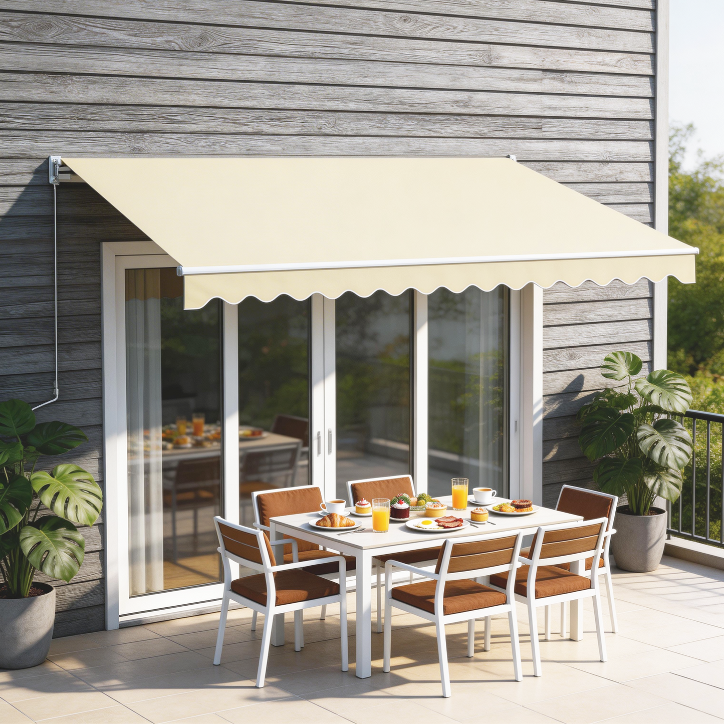 Sunmthink 12x10 FT Manual Retractable Awning, Waterproof Patio Sun Shade Canopy with Crank Handle, PA Coated Polyester for Backyard, Deck & Window, Beige