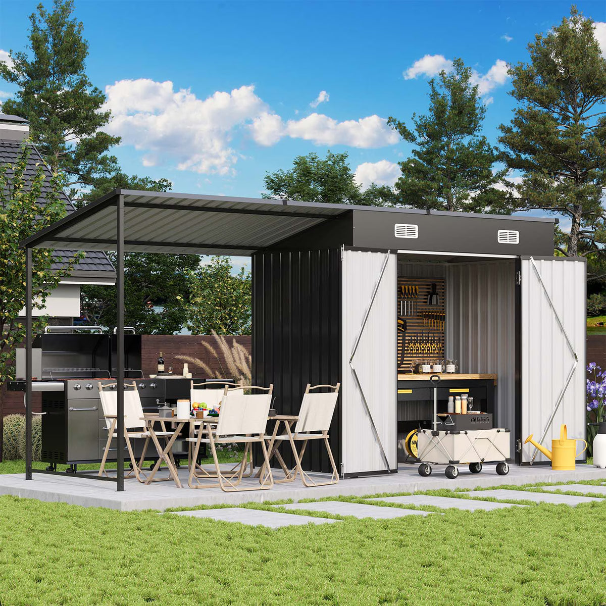 Dateyes Open-Sided Storage Shed with Hardtop Pergola, 6x4 FT Shed and Outdoor Storage with 48 Sq.ft Covered, 2-in-1 Metal Shed, Black