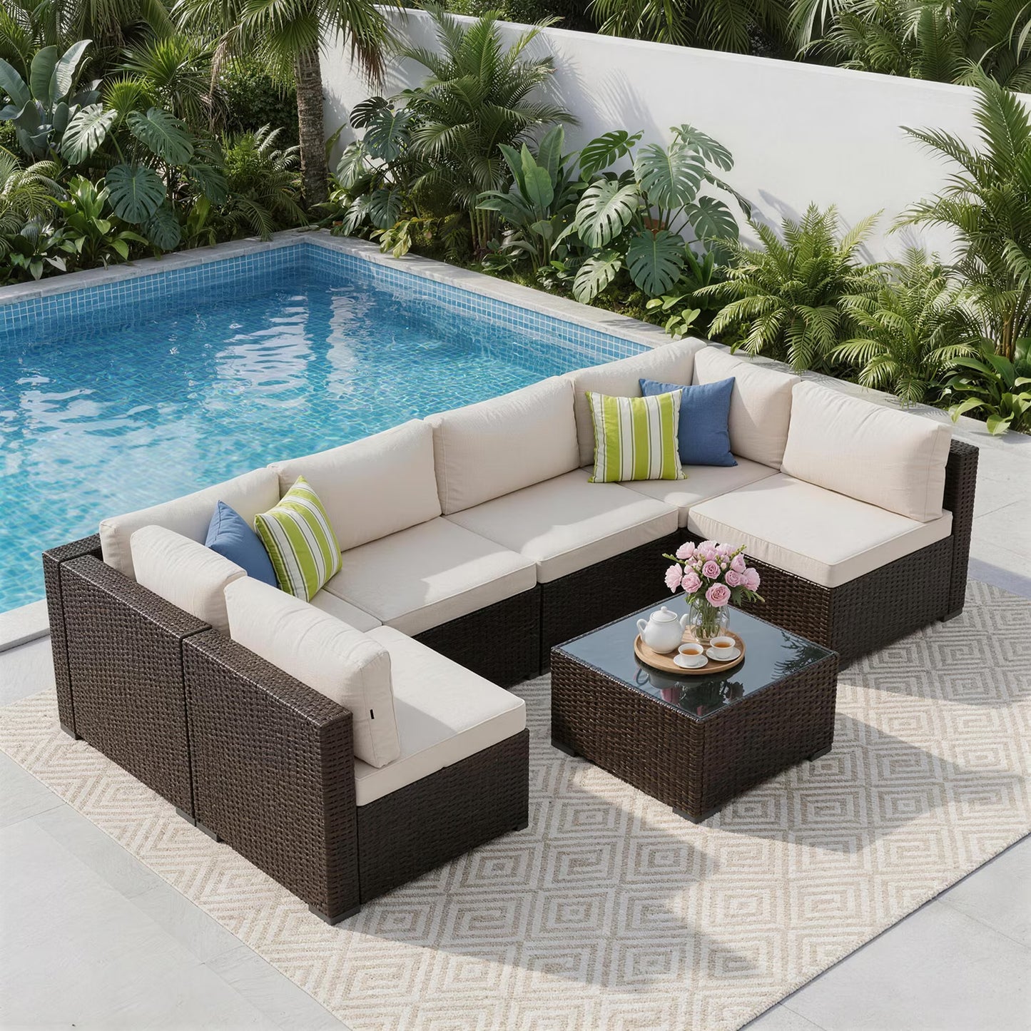 Clouddwell 7 Piece Outdoor Patio Furniture Set, Wicker Rattan Patio Sectional Sofa Sets, Off White