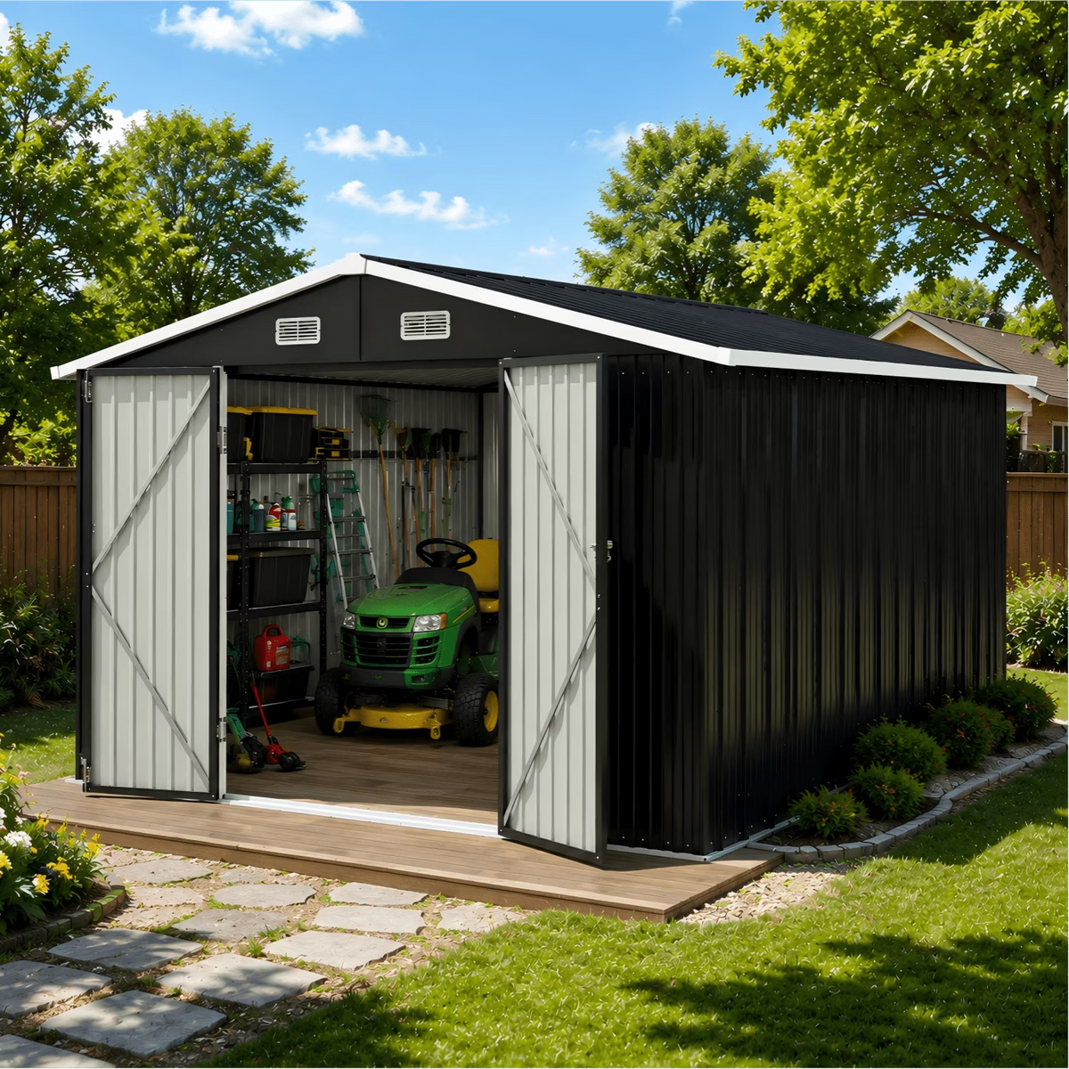 LazySunsets 10 x 12FT Shed Outdoor Storage Shed with Double Door, Large Metal Shed with Lockable Door & Sloped Roof for Garden, Backyard, Patio and Backyard, Black