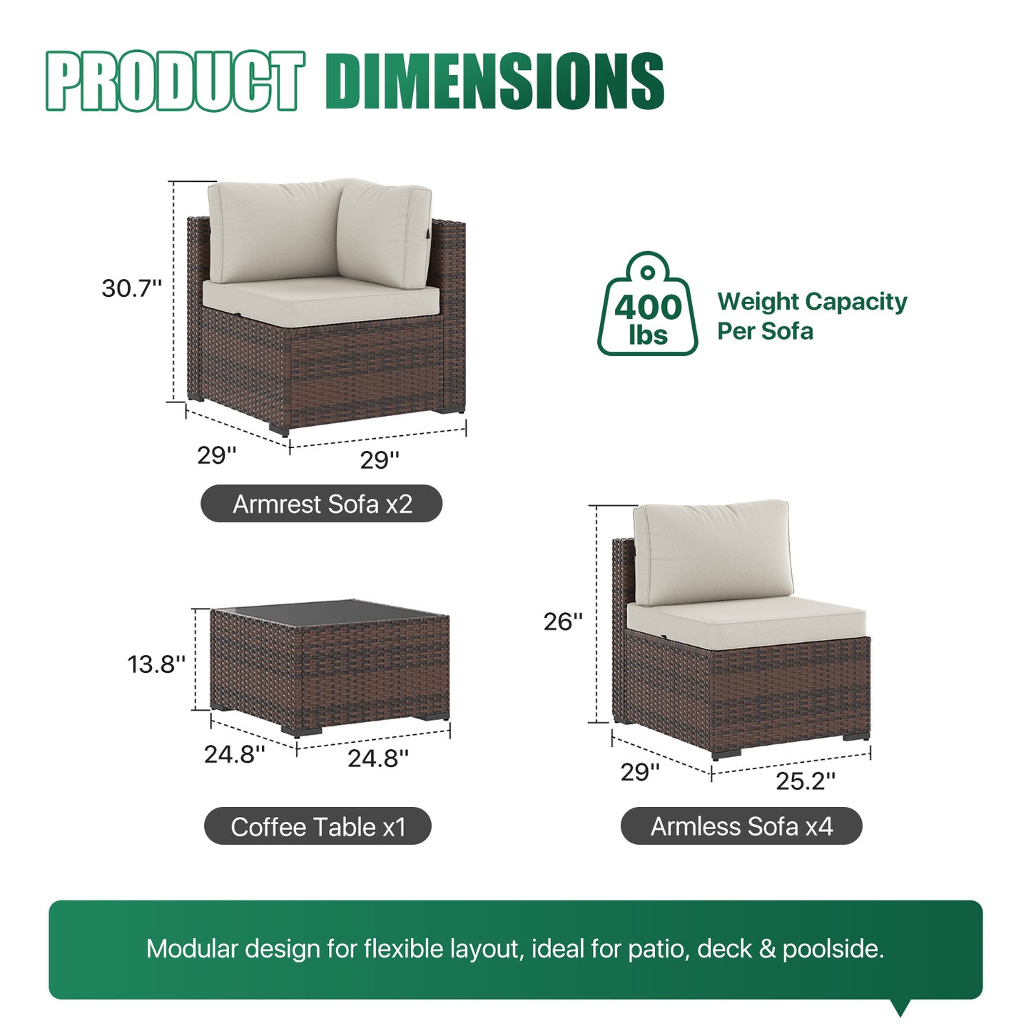Clouddwell 7 Piece Outdoor Patio Furniture Set, Wicker Rattan Patio Sectional Sofa Sets, Beige