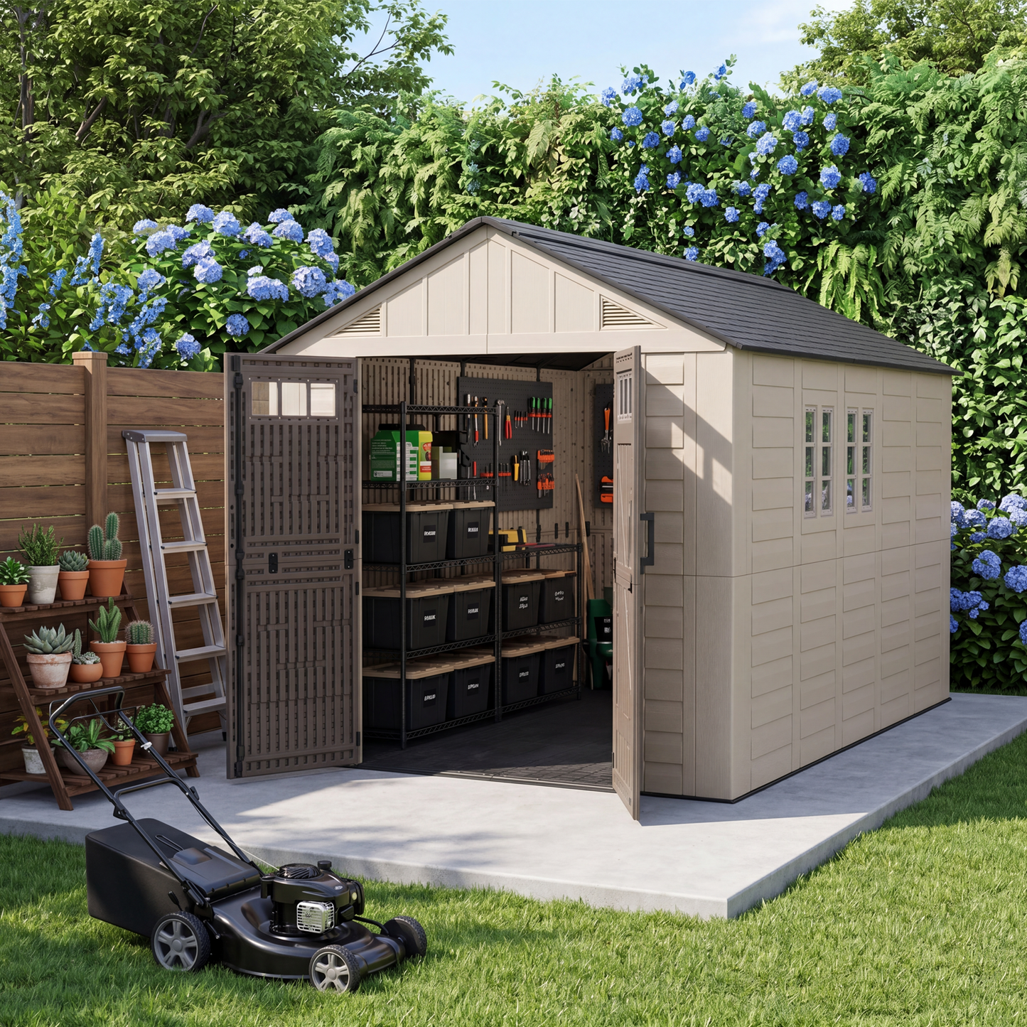 Clouddwell 8x6 FT Outdoor Storage Shed with Floor, HDPE Resin Garden Storage House with Double Doors, Windows & Ventilation, Heavy Duty Backyard Tool Shed for Lawn Equipment and Garden Supplies