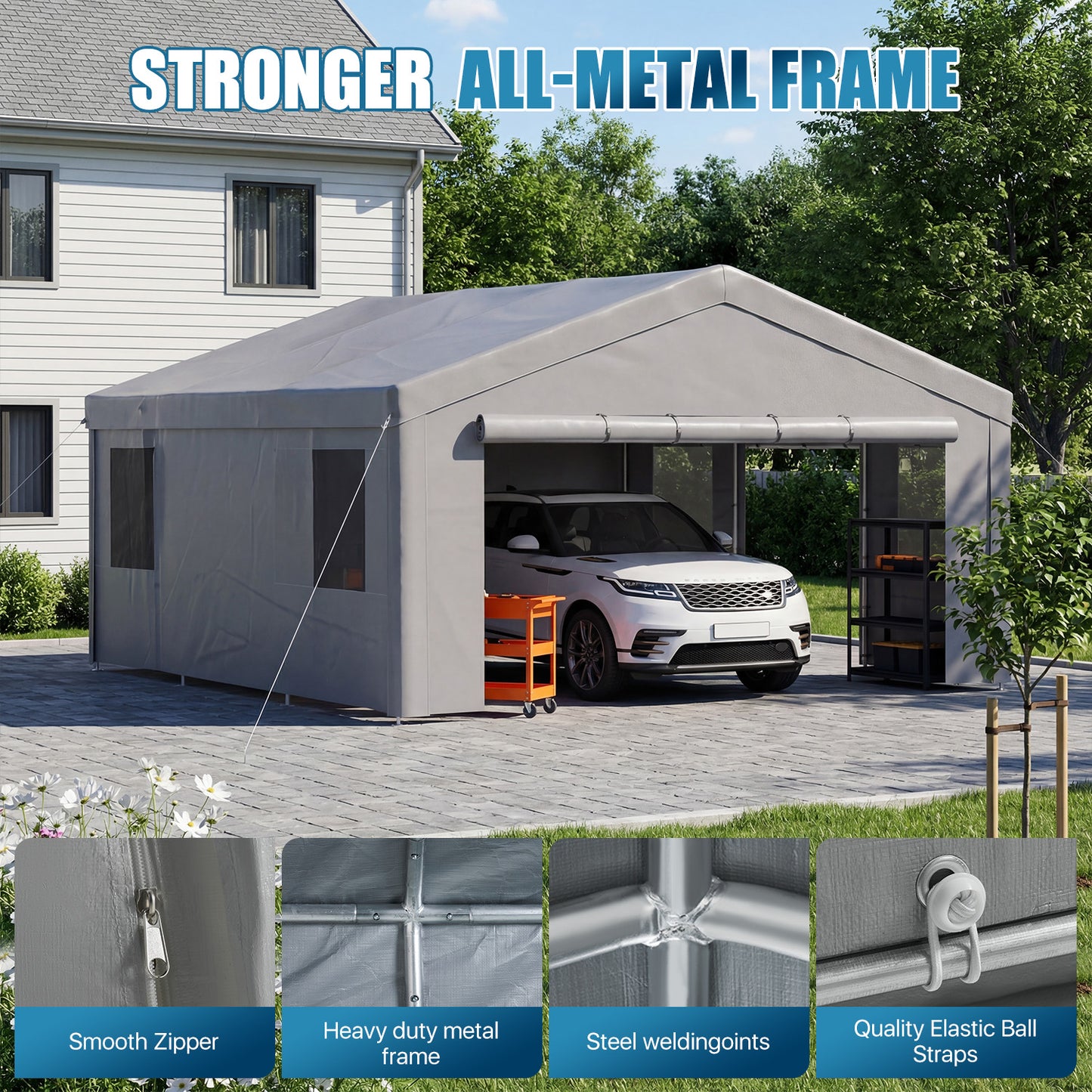 Sunmthink 20x20ft Heavy Duty Carport Canopy, Portable Outdoor Garage with Removable Sidewalls & Roll-Up Doors, All-Weather Car Shelter for Cars, Boats, Trucks and Tools Storage, Gray