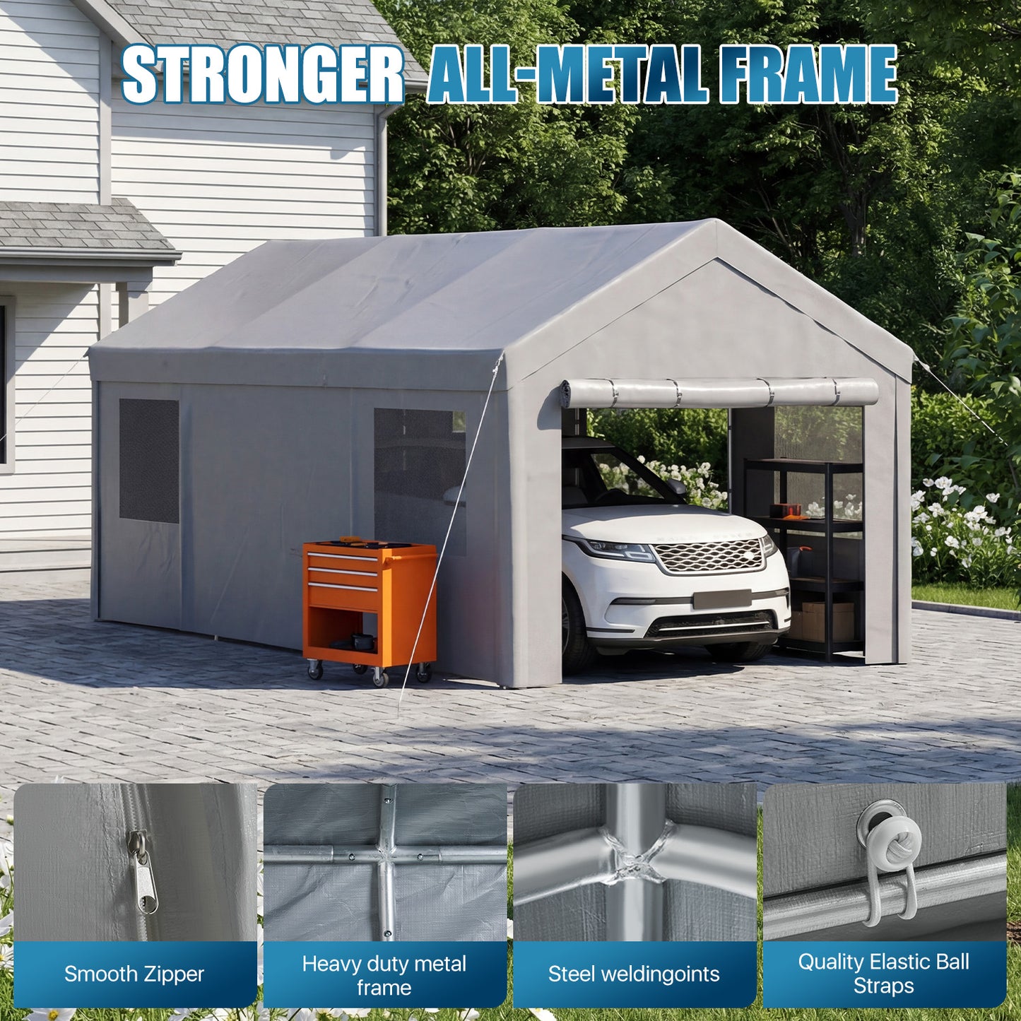 Sunmthink 10x20ft Heavy Duty Carport Canopy, Portable Outdoor Garage with Removable Sidewalls & Roll-Up Doors, All-Weather Car Shelter for Cars, Boats, Trucks and Tools Storage, Gray
