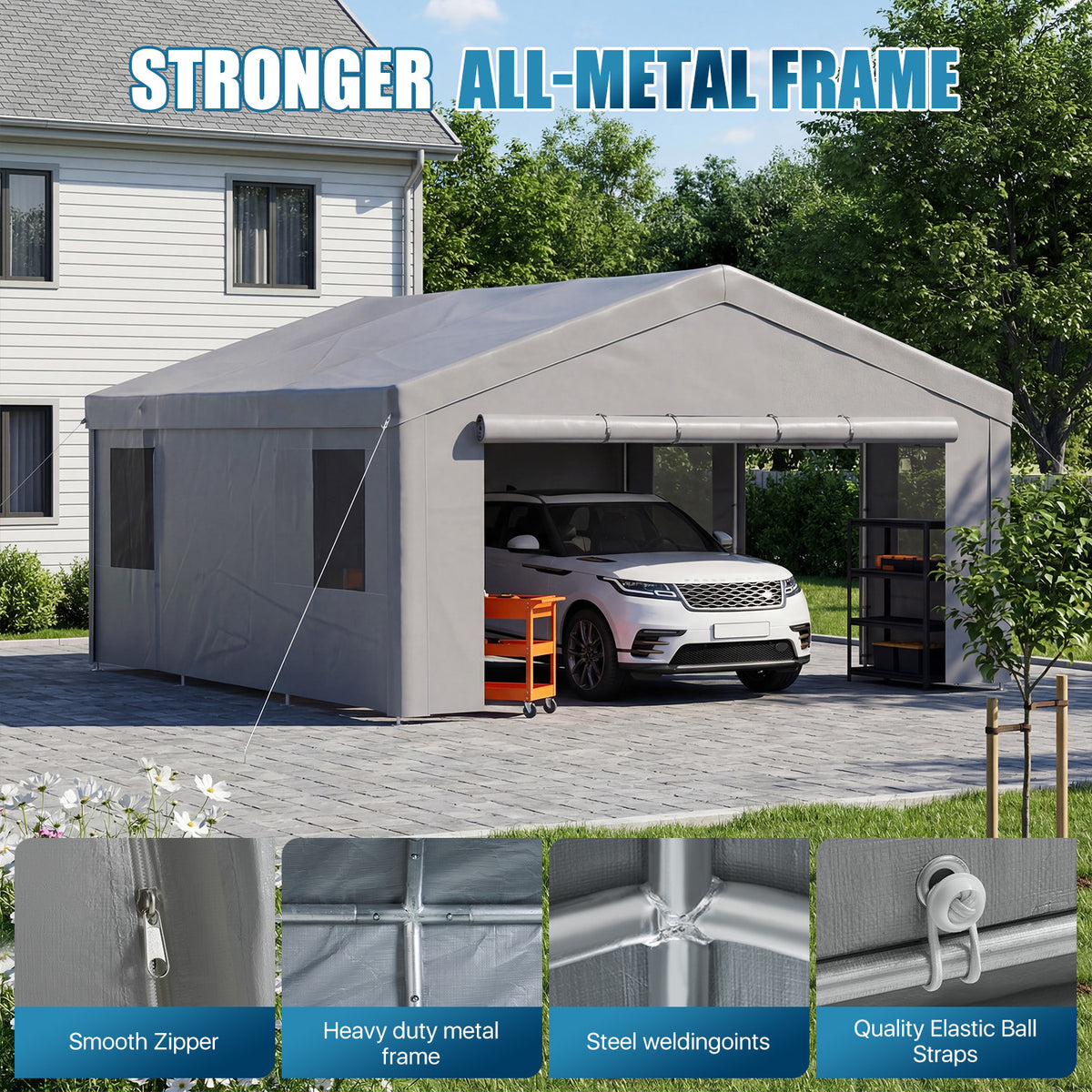 Dateyes 20x20ft Heavy Duty Carport Canopy, Portable Outdoor Garage with Removable Sidewalls & Roll-Up Doors, All-Weather Car Shelter for Cars, Boats, Trucks and Tools Storage, Gray