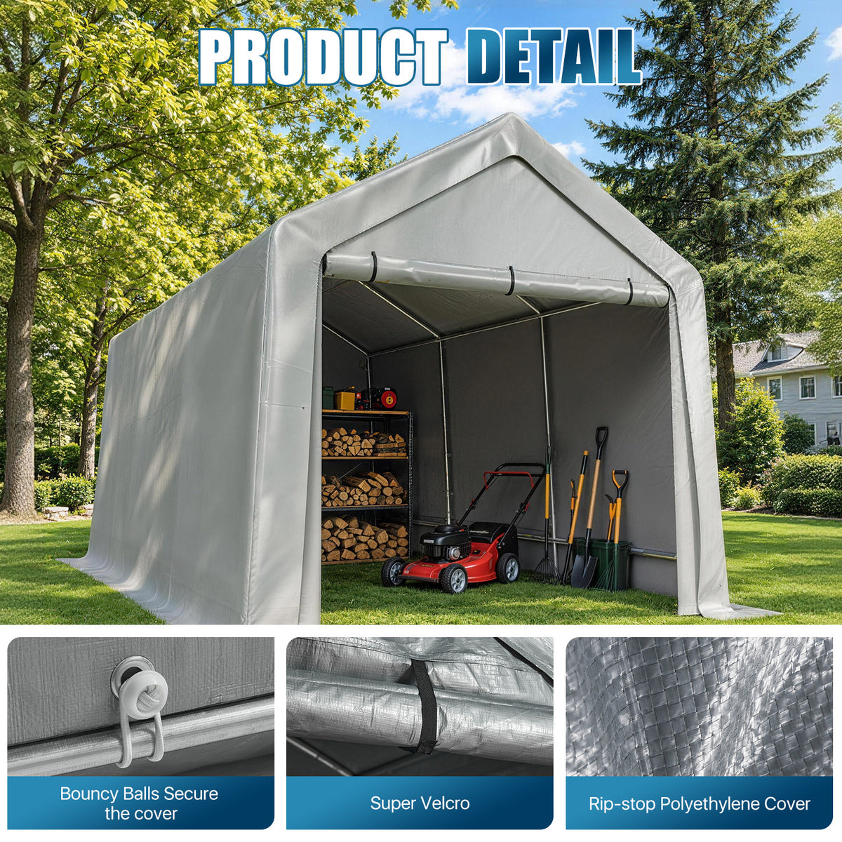 Sunmthink 8x14 FT Outdoor Carport Shed, Portable Storage Sheds with Roll-Up Door & Window, Motorcycle Shelter with Galvanized Steel Frame & Durable Tarp Cover for Bike, Lawn Equipment