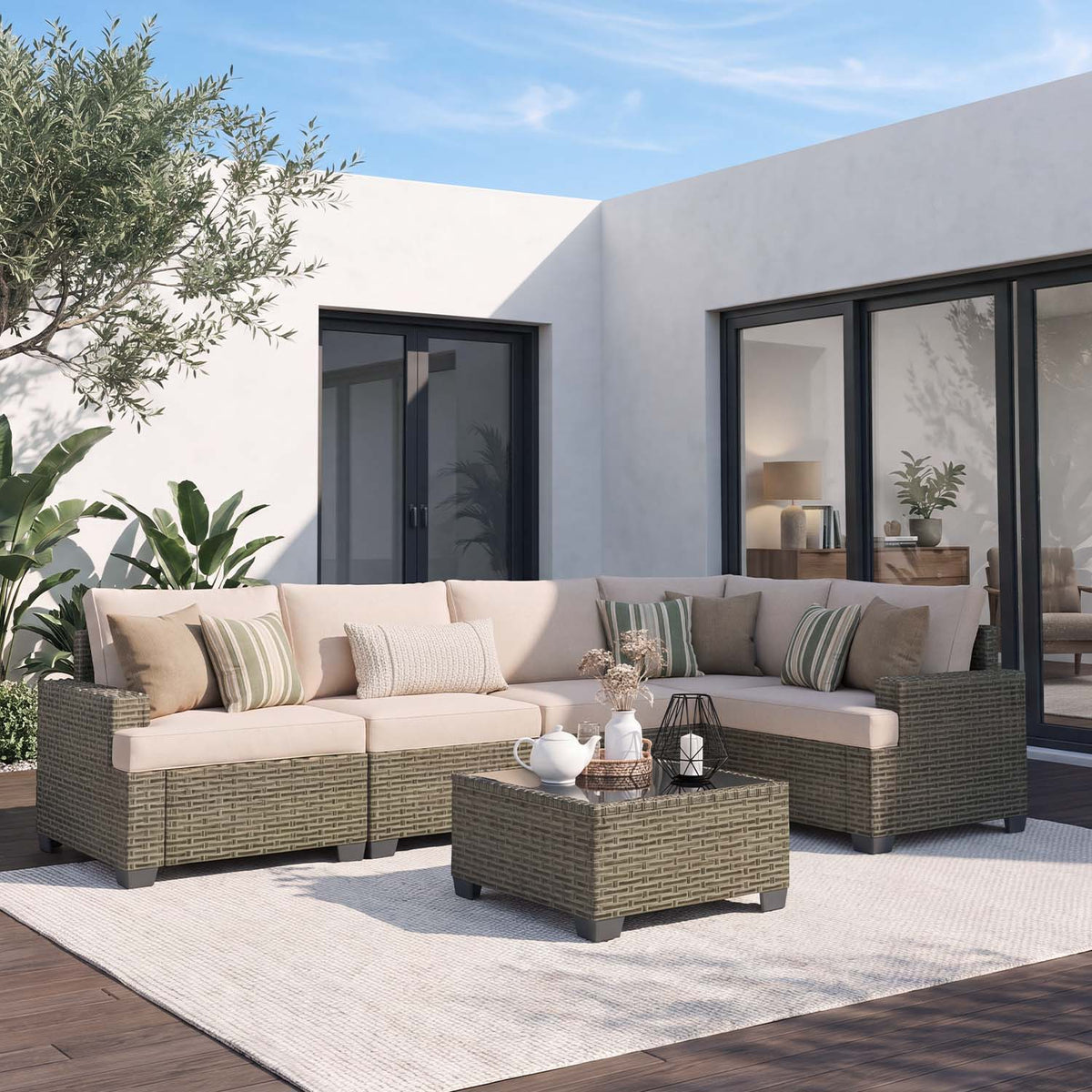 Clouddwell 6 Pieces Outdoor Patio Furniture Set, Rattan Wicker Sectional Chairs Sets with Table, Light Gray