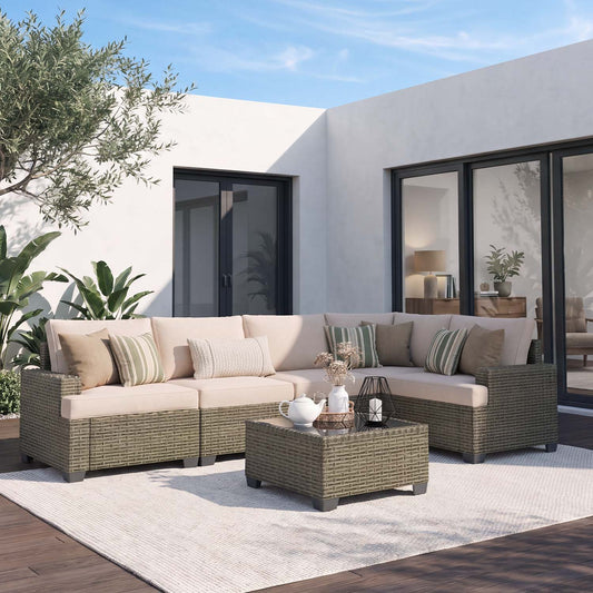 Clouddwell 6 Pieces Outdoor Patio Furniture Set, Rattan Wicker Sectional Chairs Sets with Table, Light Gray