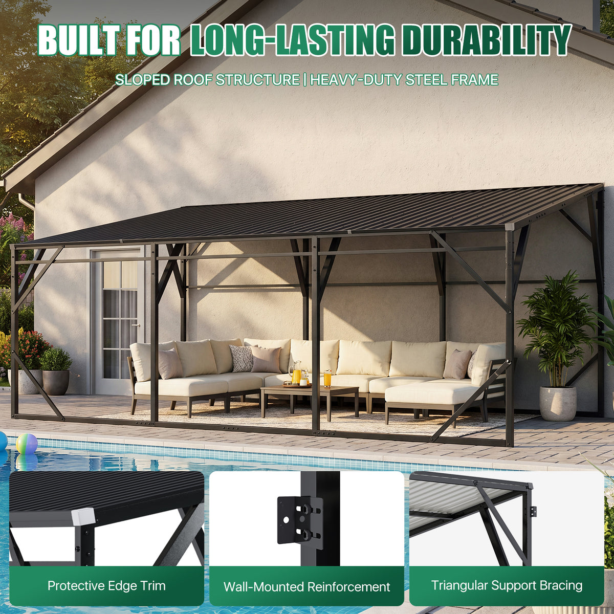 Dateyes 12x20 FT Lean-to Metal Carport, Wall-Mounted Metal Vehicle Shelter, Heavy Duty Carport with Reinforced Frame & Galvanized Roof, Black