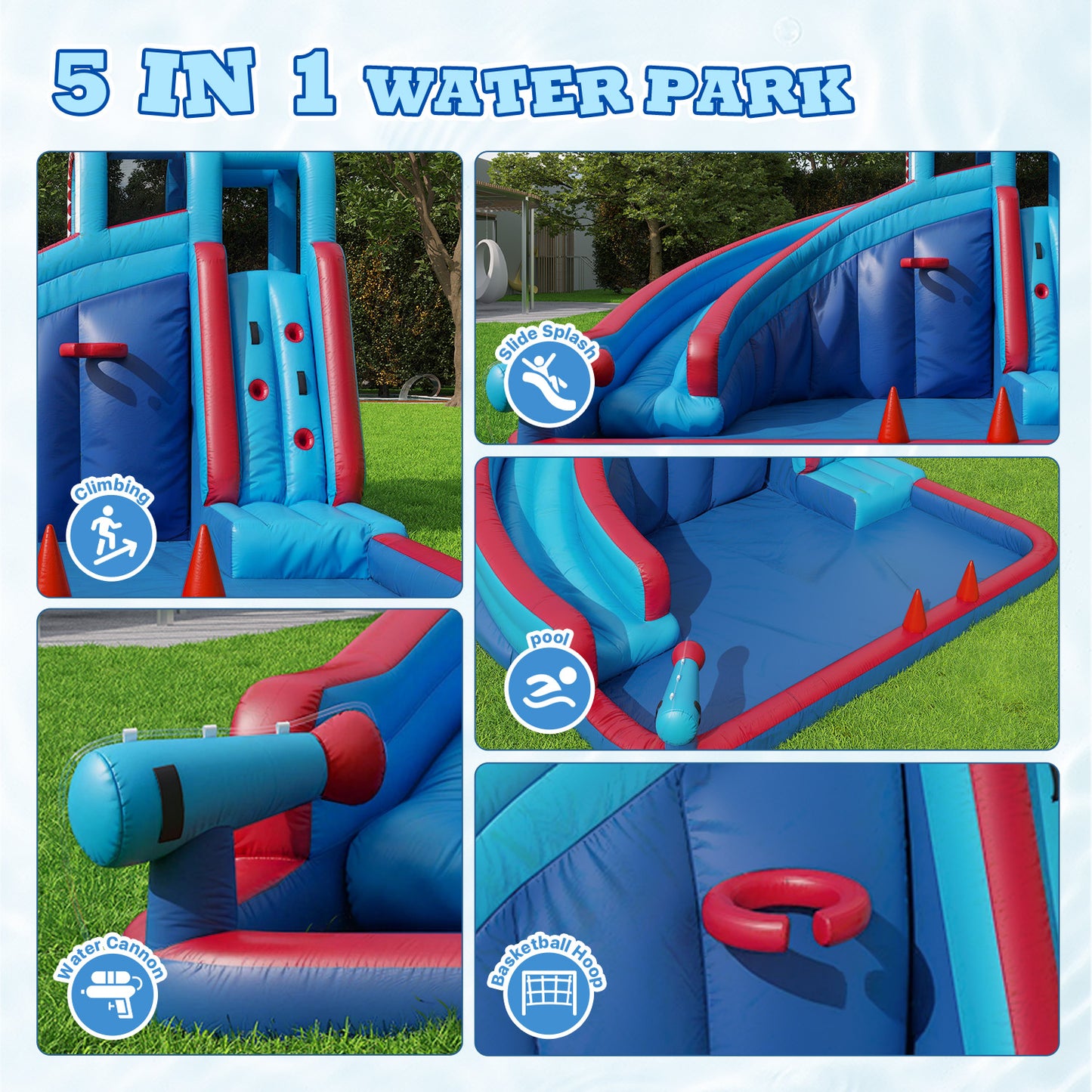 Clouddwell Inflatable Water Slide for Kids with 450W Blower, 5 in 1 Water Park Bounce House for Outdoor Summer Fun, Shark Theme, 10x12FT