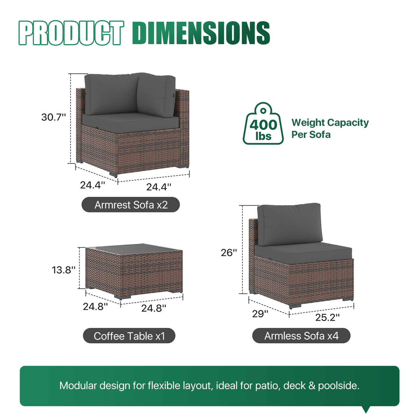 Clouddwell 8 Piece Outdoor Patio Furniture Set, Wicker Rattan Patio Sectional Sofa Sets with Fire Pit Table, Dark Gray