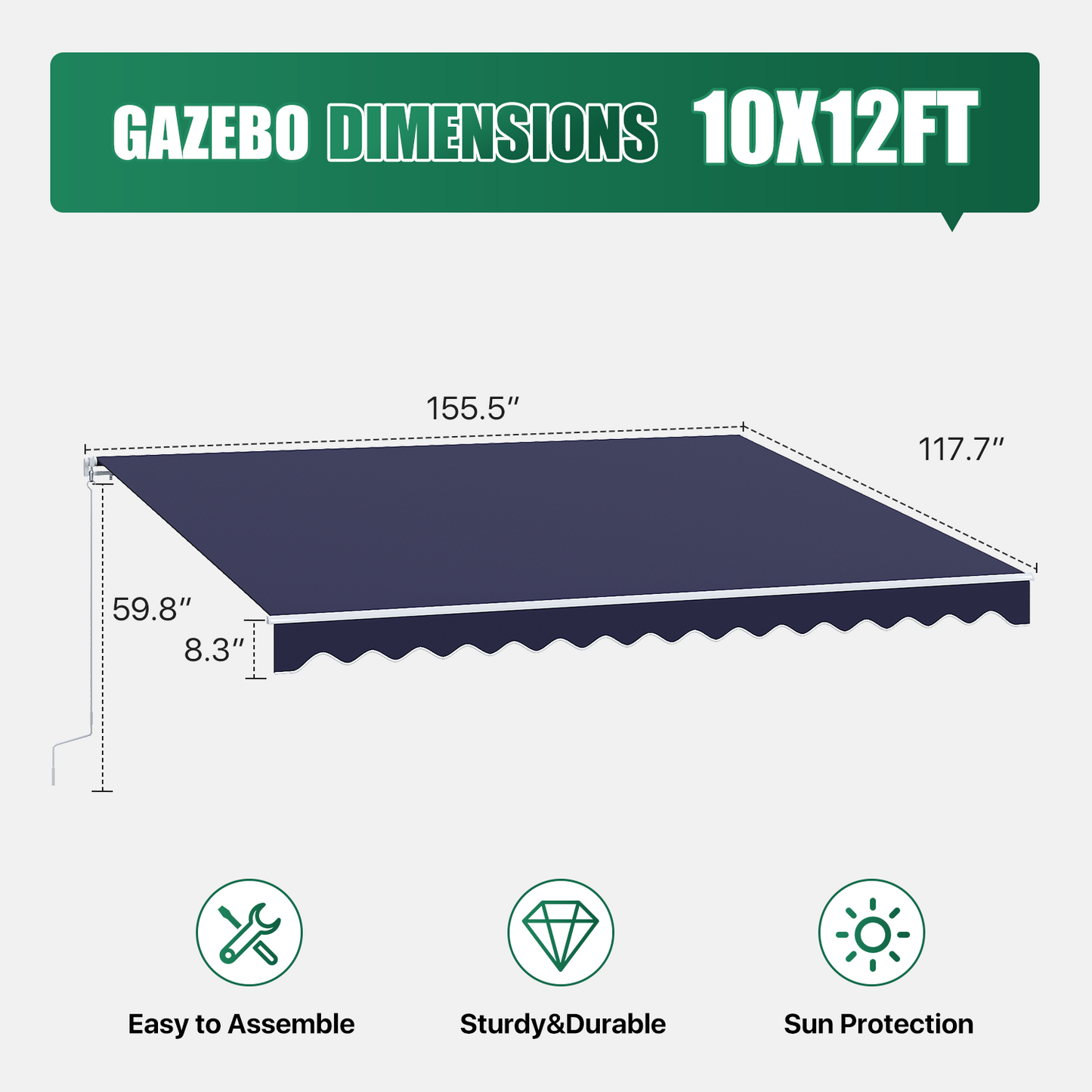 Sunmthink 12x10 FT Manual Retractable Awning, Waterproof Patio Sun Shade Canopy with Crank Handle, PA Coated Polyester for Backyard, Deck & Window, Bule