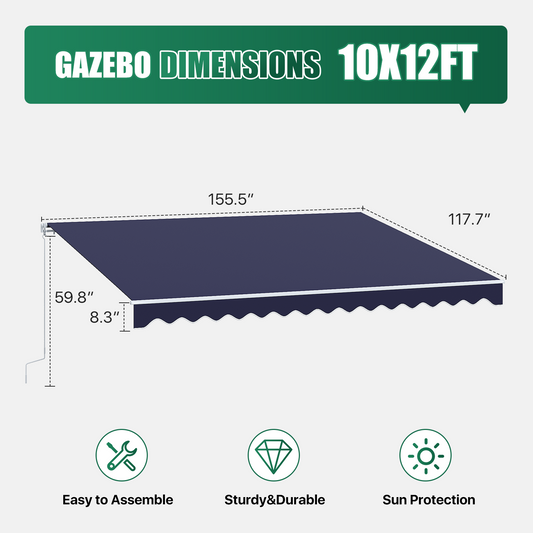Sunmthink 12x10 FT Manual Retractable Awning, Waterproof Patio Sun Shade Canopy with Crank Handle, PA Coated Polyester for Backyard, Deck & Window, Bule