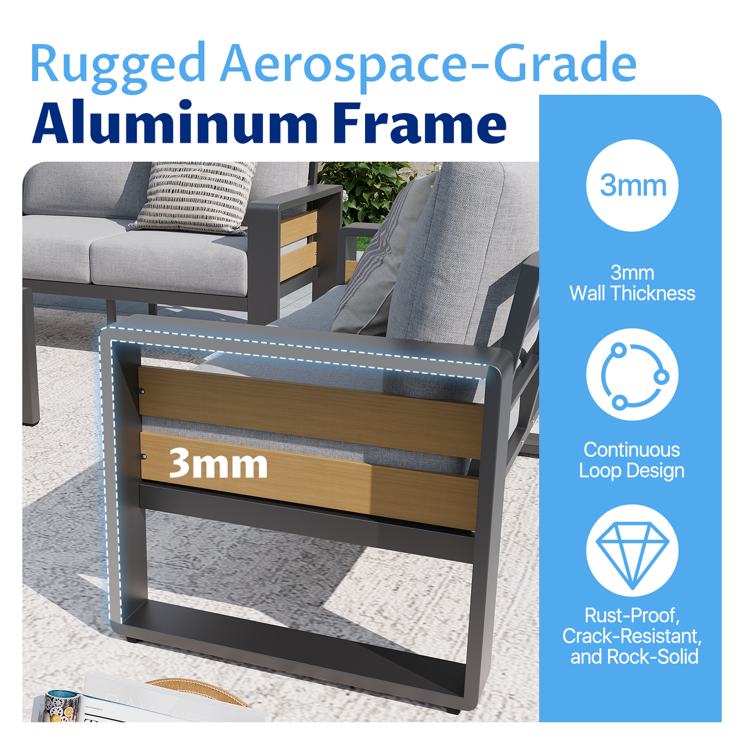 Clouddwell 4 Piece Aluminum Patio Furniture Set, 5-Seat Luxury Outdoor Sectional with 6" Olefin Fabric Cushions, Light Grey