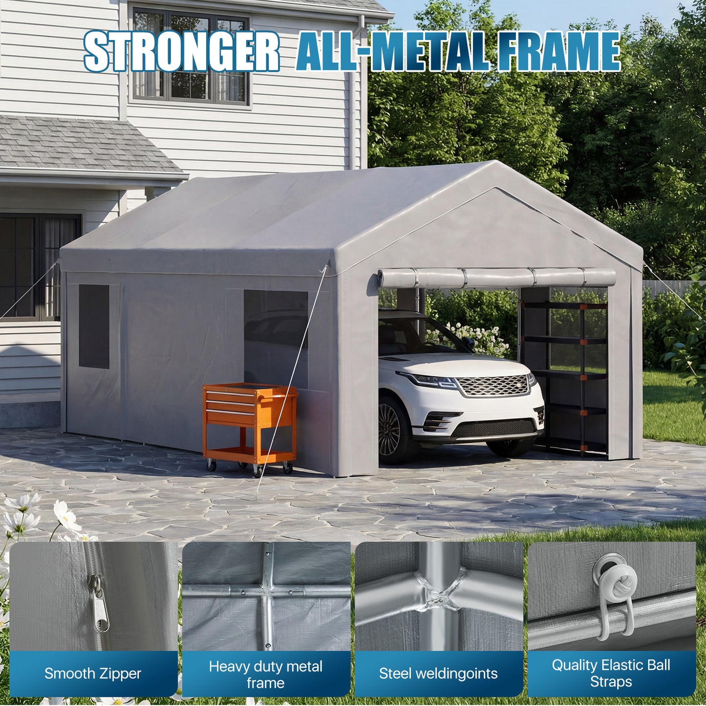 Sunmthink 12x20ft Heavy Duty Carport Canopy, Portable Outdoor Garage with Removable Sidewalls & Roll-Up Doors, All-Weather Car Shelter for Cars, Boats, Trucks and Tools Storage, Gray
