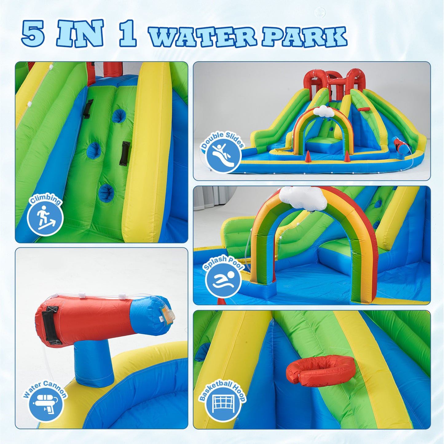 Clouddwell Inflatable Water Slide for Kids with 450W Blower, 6 in 1 Water Park Bounce House for Outdoor Summer Fun, Double Slide, 13x15FT
