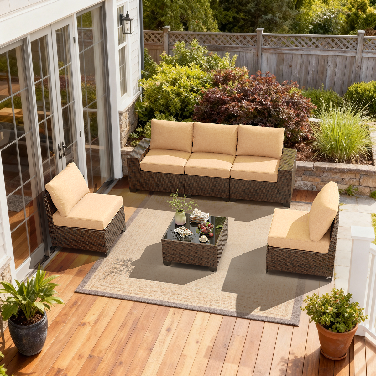 LazySunsets 6 Pieces Outdoor Wicker Patio Furniture Set, Khaki Cushion Rattan Sectional Conversation Sofa with Glass Coffee Table, All Weather Backyard Garden Patio Set