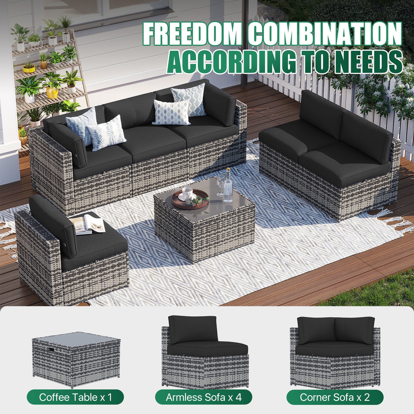 Clouddwell 7 Piece Outdoor Patio Furniture Set, Wicker Rattan Patio Sectional Sofa Set, Black
