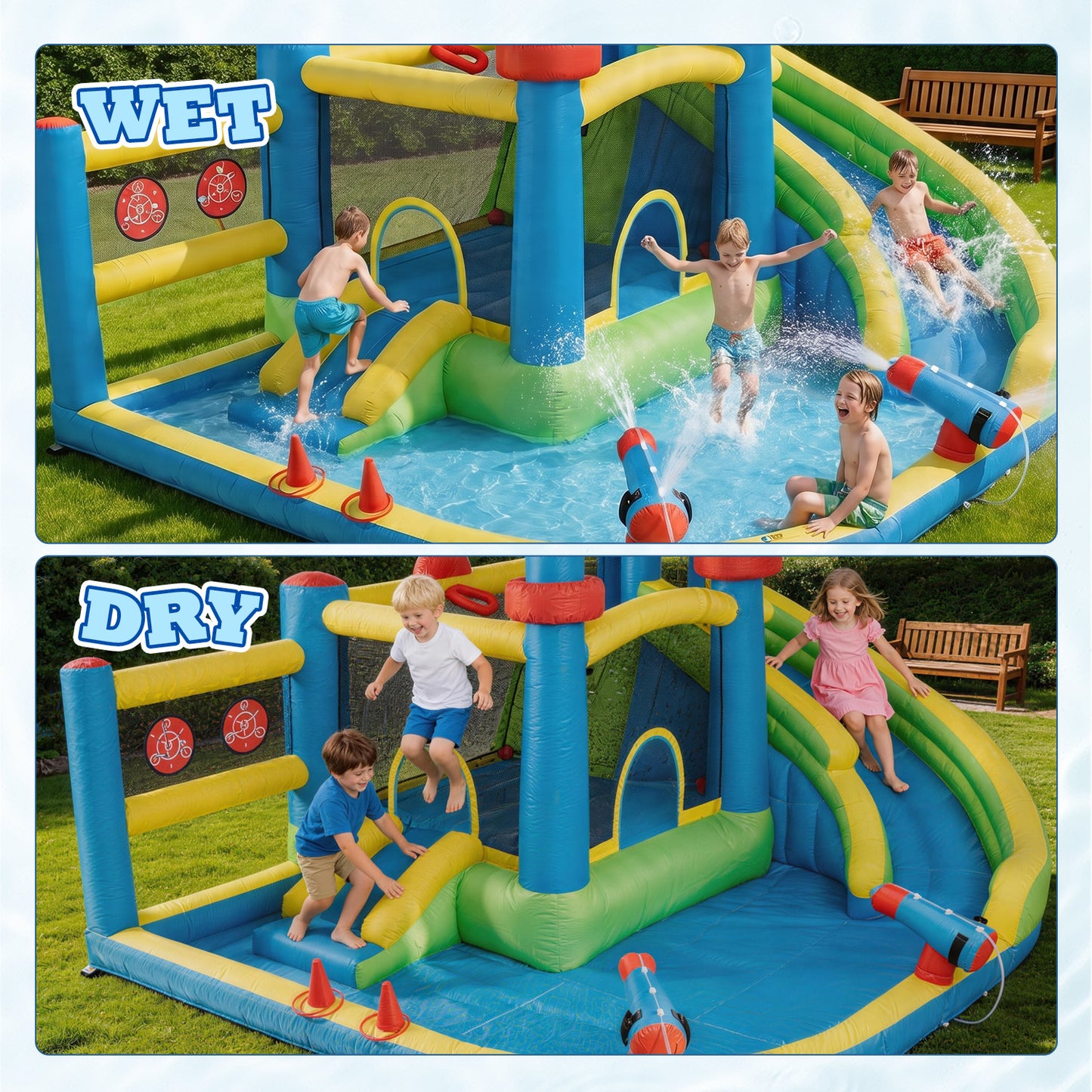 Clouddwell Inflatable Water Slide for Kids with 450W Blower, 5 in 1 Water Park Bounce House for Outdoor Summer Fun, Castle Style, 12x14FT