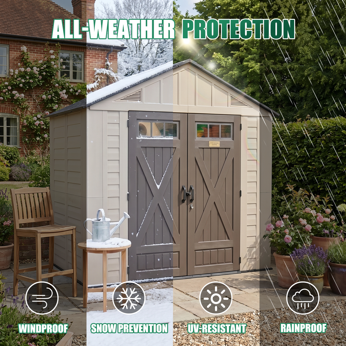 Clouddwell 8x6 FT Outdoor Storage Shed with Floor, HDPE Resin Garden Storage House with Double Doors, Windows & Ventilation, Heavy Duty Backyard Tool Shed for Lawn Equipment and Garden Supplies