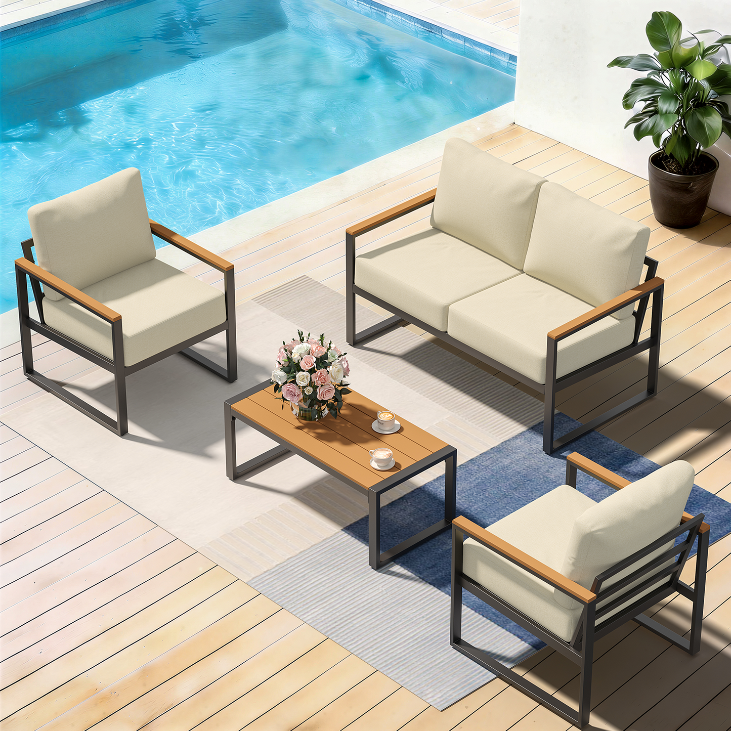 Sunmthink 4-Piece Outdoor Patio Furniture Set, Modern Metal Conversation Set for Porch, Deck, Balcony (Beige)