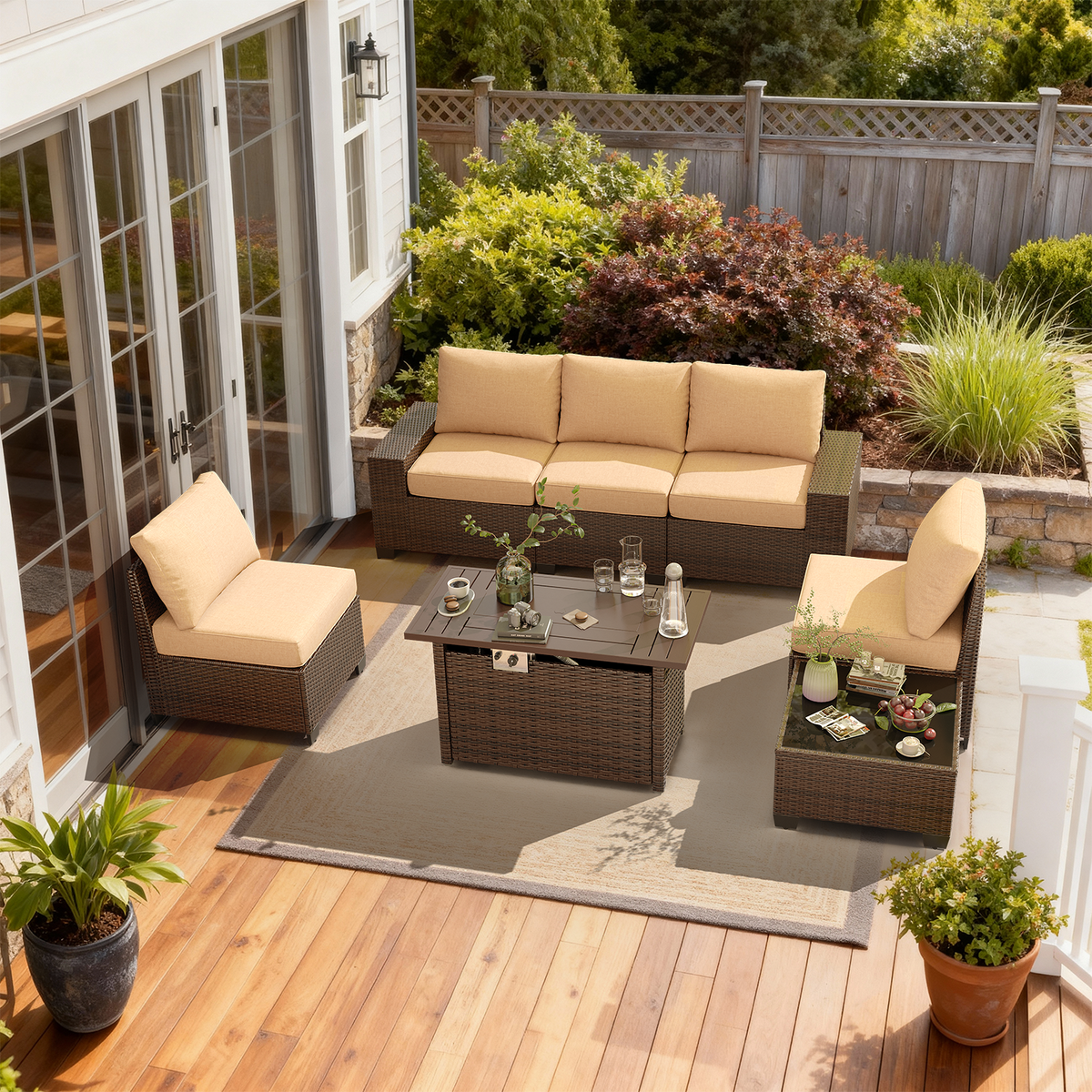 LazySunsets 7 Pieces Outdoor Wicker Patio Furniture Set with Fire Pit Table, Khaki Cushion Rattan Sectional Conversation Sofa, All Weather Backyard Garden Patio Set